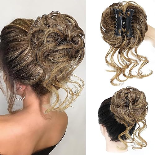 Miniatura 7 de MSMUSAS Extensiones de cabello con clip de garra, moño despeinado, recogido, rizado, ondulado, pelo sintético con clip en moños de barba larga para