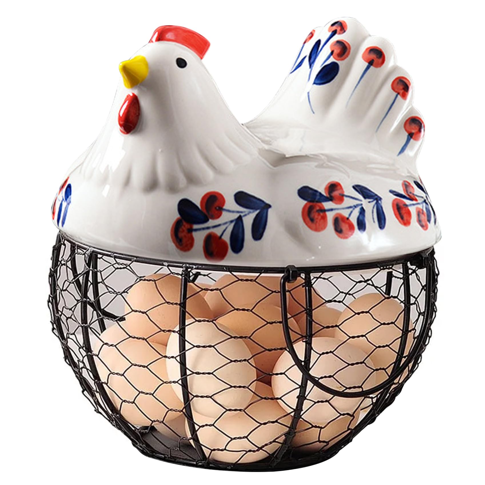 Hintyne Ceramic Egg Holder Ceramic Egg Holder, Hollow-Out Wire Chicken with Chicken Shaped Lid, Non Slip Basket Countertop with Handle