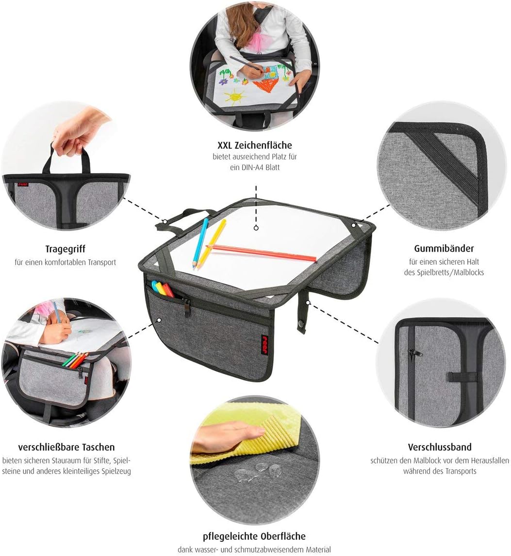 reer TravelKid Play Colouring Mat for Travel Lightweight and Stable Practical Pockets Waterproof Stain Resistant Grey