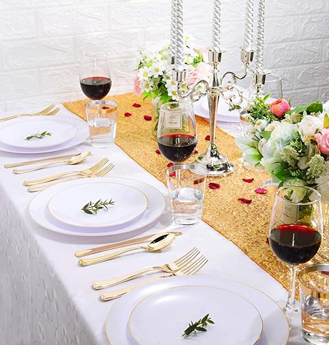 Miniatura 6 de Nervure Platos de plástico para 30 comensales, color negro con borde dorado y cuchillería de plástico dorado con mango negro Vajilla de plástico