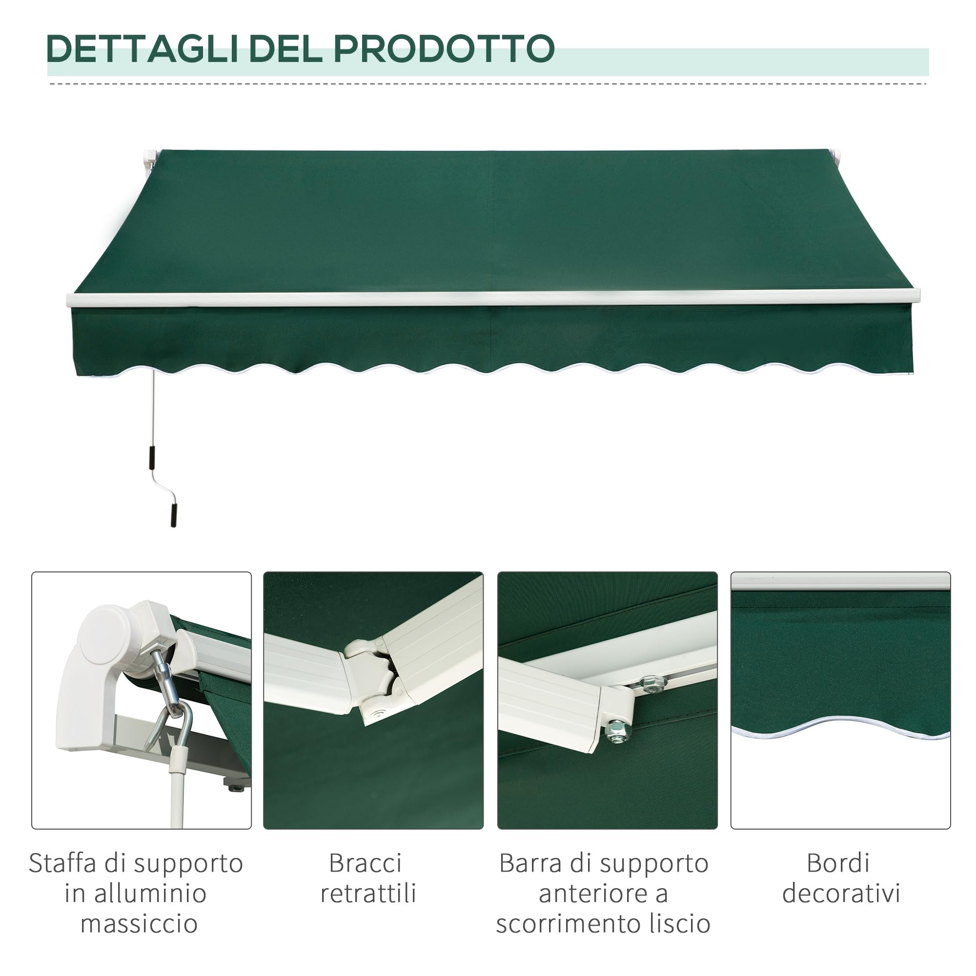 Outsunny Tenda da Sole 3x2 m con Braccio Avvolgibile, Tenda Parasole da Esterno a Manovella in Alluminio e Tessuto Poliestere, Protezione UV, Verde