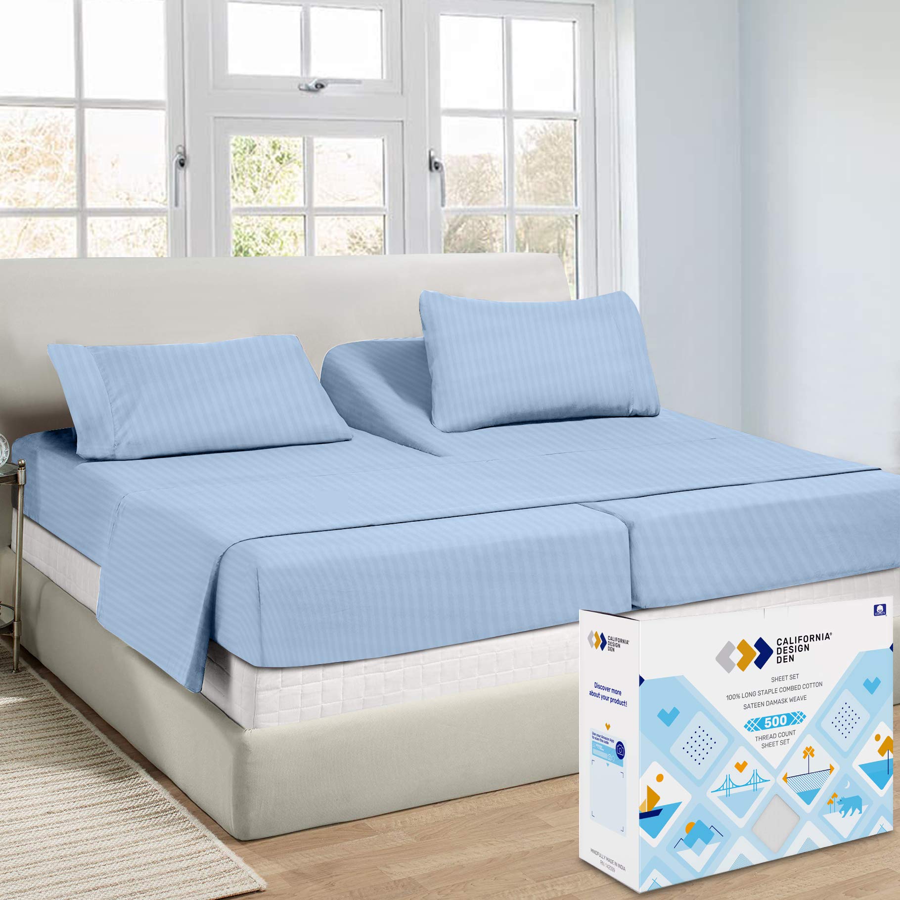 Luxury Split King Sheets Set For Adjustable Bed, 100% Cotton 500 Thread Count Sateen, Snug Fit, Set With Twin-XL Fitted Sheets, Hotel Quality Damask Stripe Bedsheets (Split King, Stripe - Sky Blue)