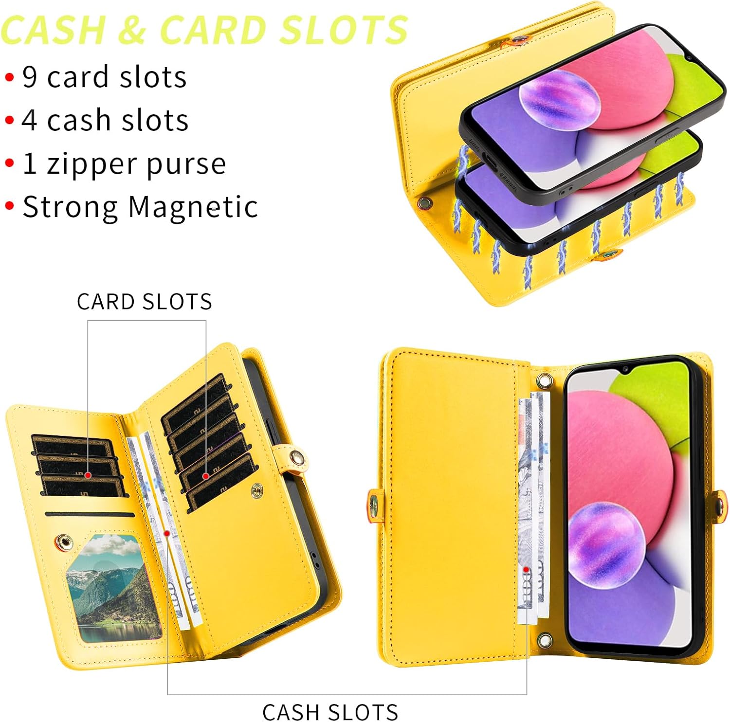 Phone Case for Samsung Galaxy A03s US Version 5G 2022 Zipper Wallet Detachable Cell Cover Screen Protector Crossbody Strap Bling Flip Credit Card Holder Ao3s A 03s SM-A037U SM A037U Women Yellow