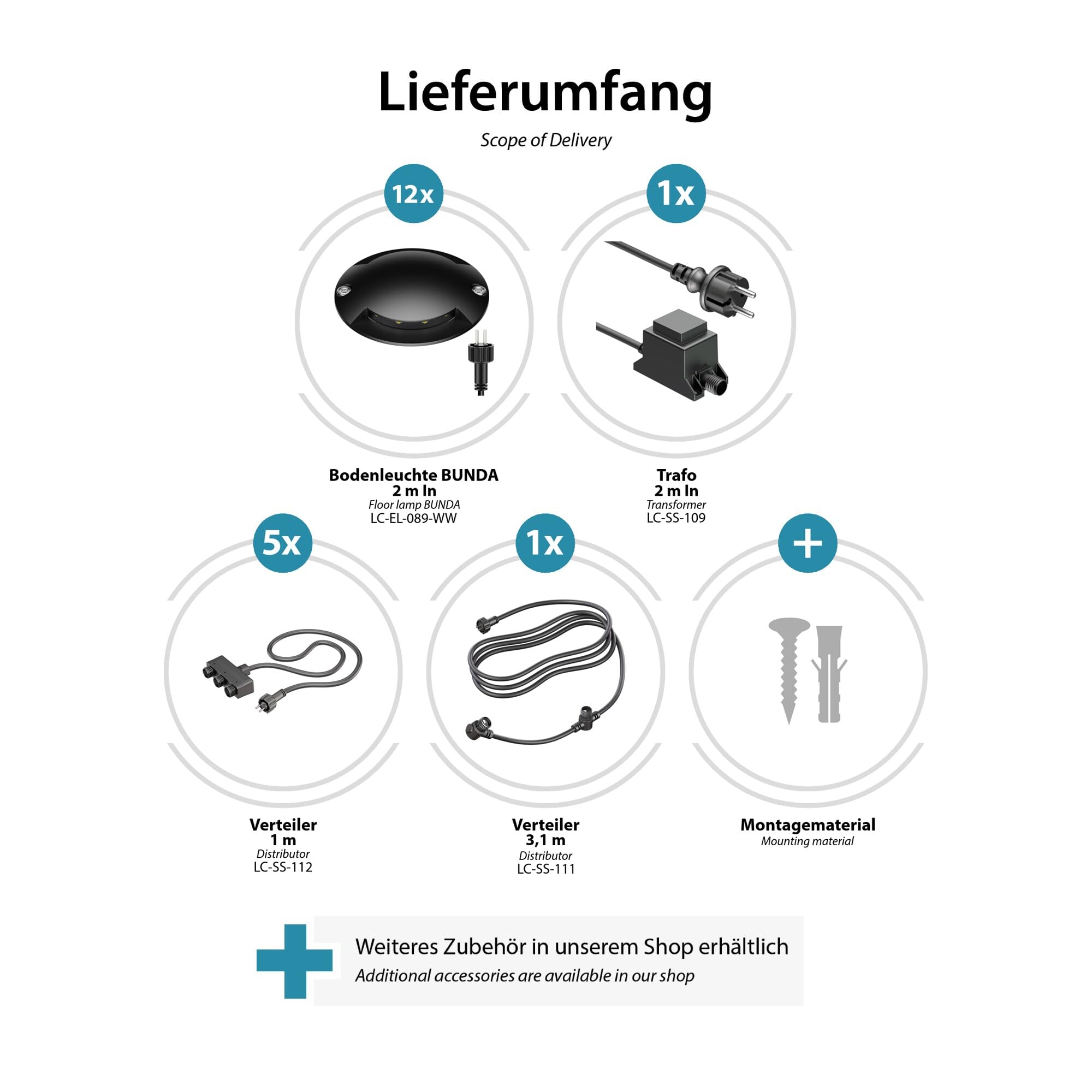 ledscom.de Lampada da terra a LED Bunda, a 2 fiamme, nera per esterni, transitabile, bianco caldo, set da 12