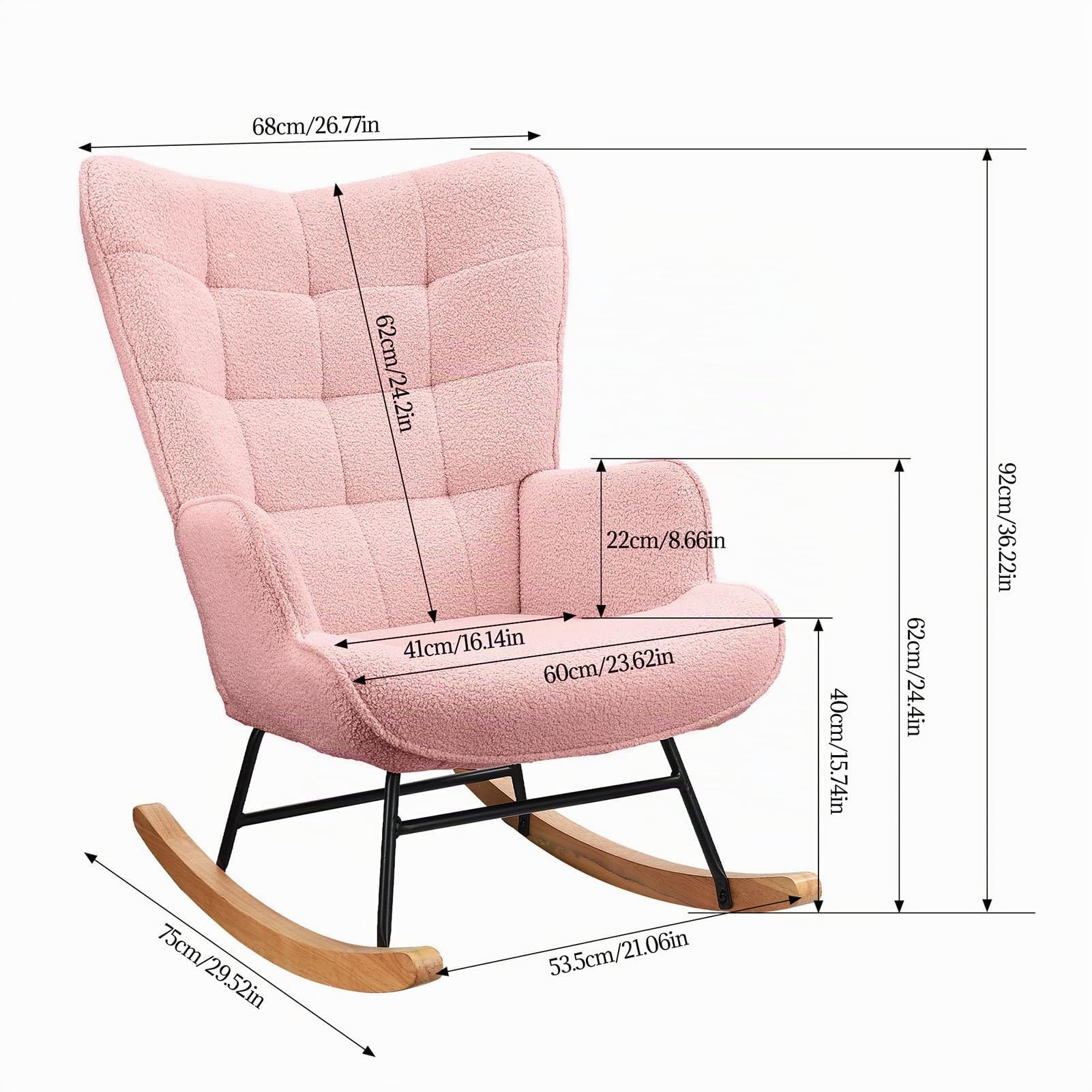 Sedia a dondolo Rosa, Rocking Chair, Sedia per l'allattamento, Sedia in velluto Teddy con gambe in legno massiccio, per soggiorno, camera da letto, balcone (rosa)