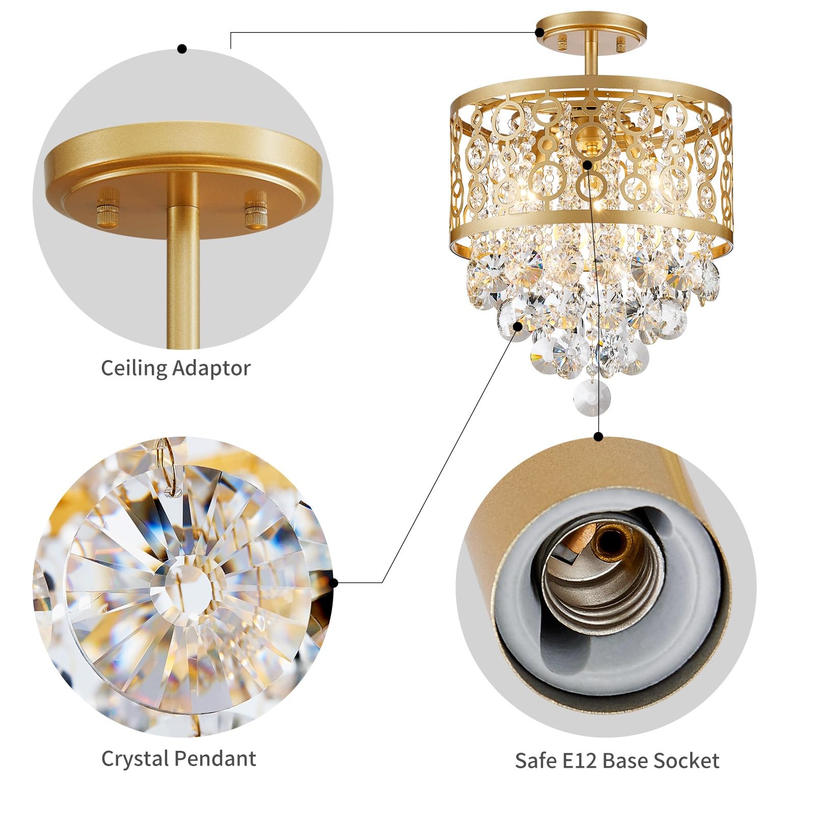 WUZUPS lampadario a tamburo di cristallo lampadario a soffitto moderno per l'ingresso corridoio cucina bagno camera da letto, H 41.5 cm x L 33 cm, base E27, oro