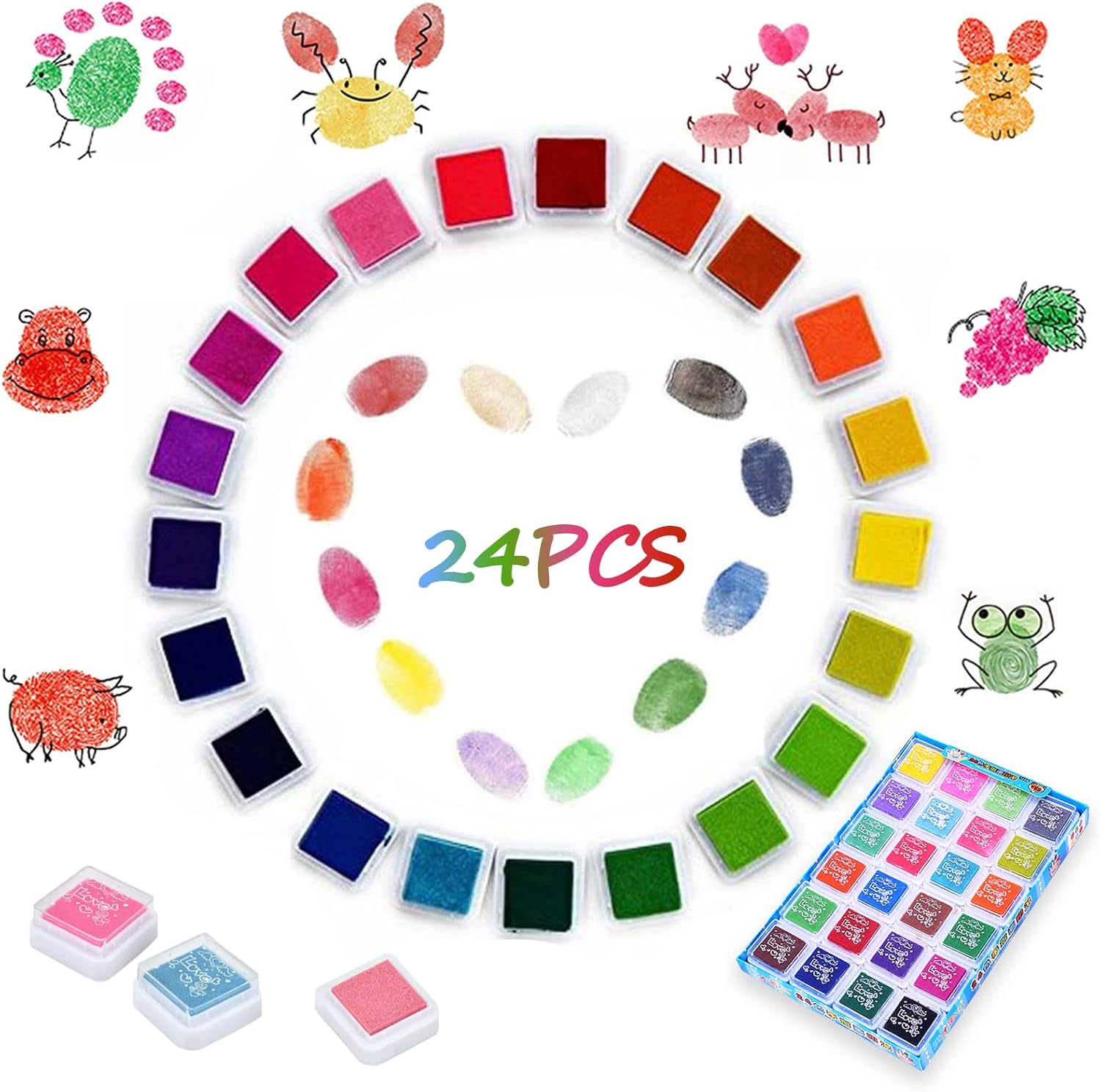 24 Pack Ink Pad, Coloured Fingerprint Ink Pad for Kids, Non Toxic Mini