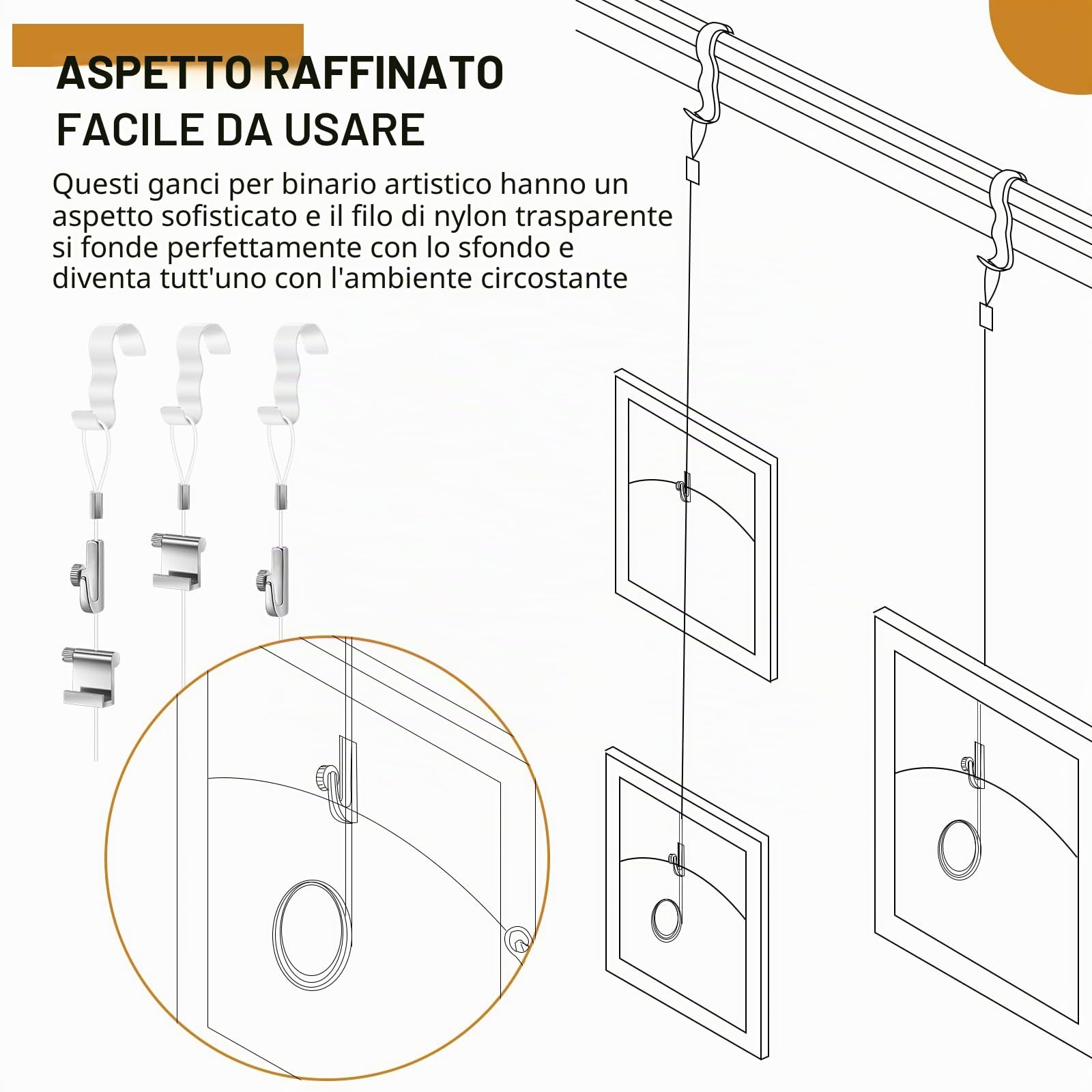 Ganci per appendere quadri, con cavo in nylon invisibile e ganci regolabili, per immagini da parete, mostre, gallerie d'arte, colore bianco (10 pezzi)