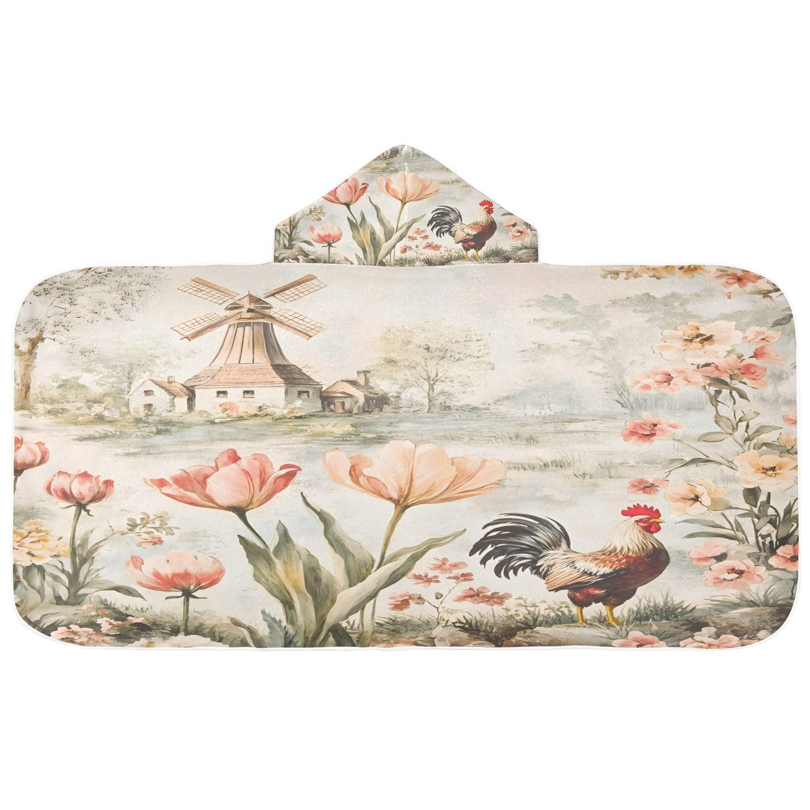 Kigai Rooster Flowers Hooded Beach Towel for Kids Soft Absorbent Quick Dry Bath Towel with Hood Lightweight Toddler Shower Pool Bath Wrap for Boys Girls