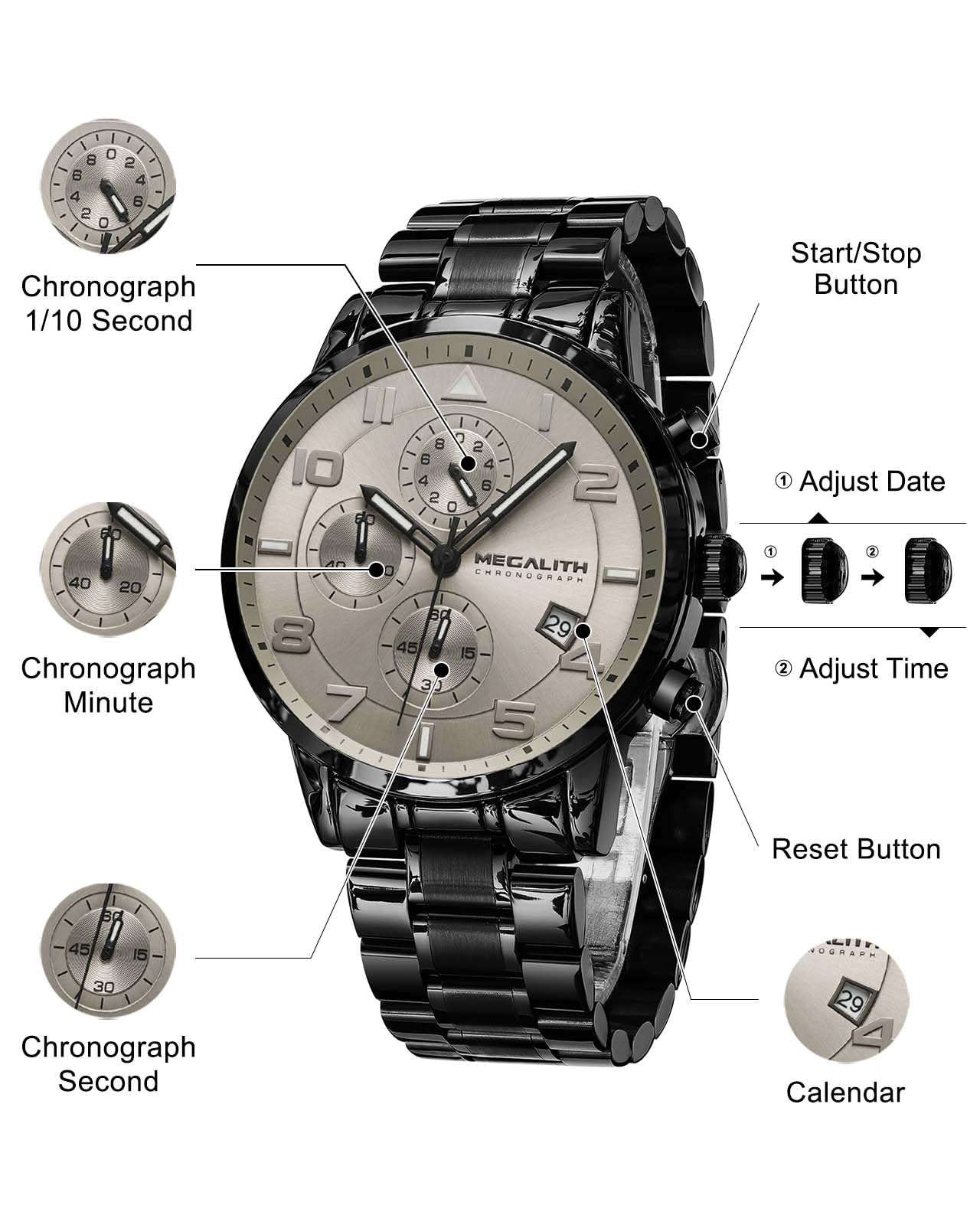 MEGALITH Montre Homme Chronographe Analogique: Grand 44 mm Quartz Etanche | Montre Habillée Acier Inoxydable avec Date Aiguille Lumineuse pour Travail et Loisirs Quotidiens - Cadeau pour Père Mari Fils