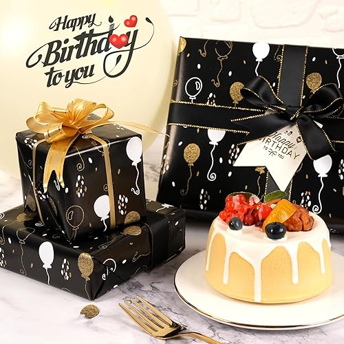 Miniatura 9 de Rollo de papel de regalo de cumpleaños, papel de regalo negro mate y dorado para mujeres, hombres, niños y niñas, diseño de globo de lámina dorada,