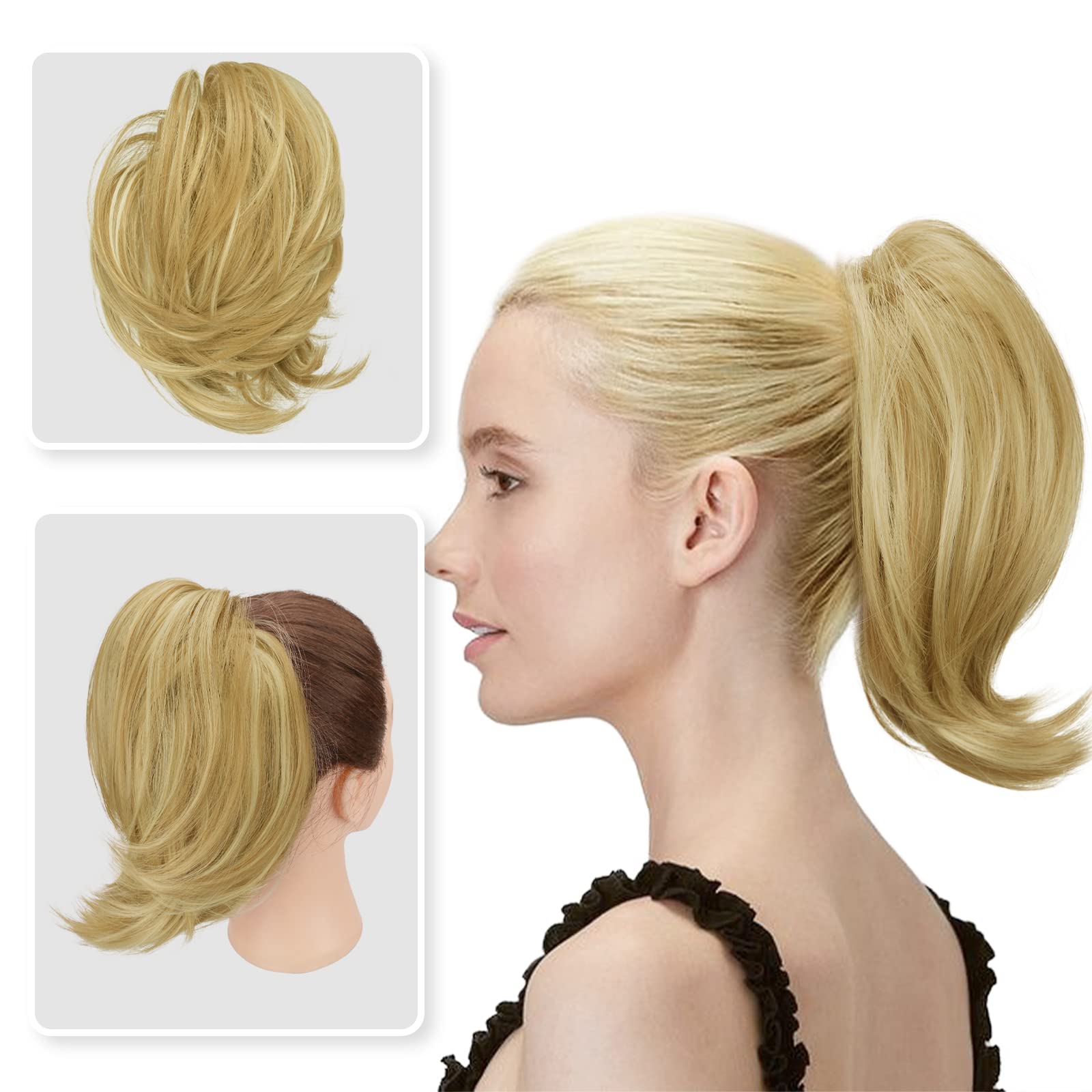 DAIFEER Hair Buns Hair Piece Straight with Curly Short Ponytail Hair Bun Extensions Elastic Easy Scrunchies Bit Messy Hair Bun Hair Accessories for Women(Light Warm Golden Blonde)