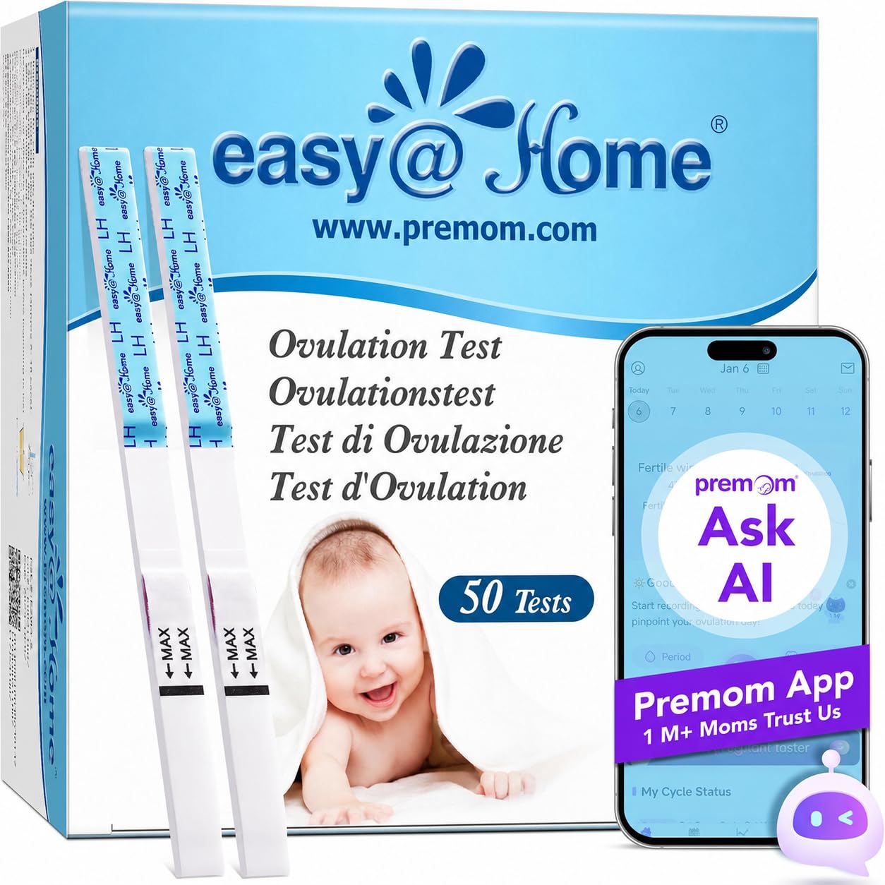 Easy@Home 50 Ovulation Test Strips, 5X Pregnancy Rate Found*, App Support