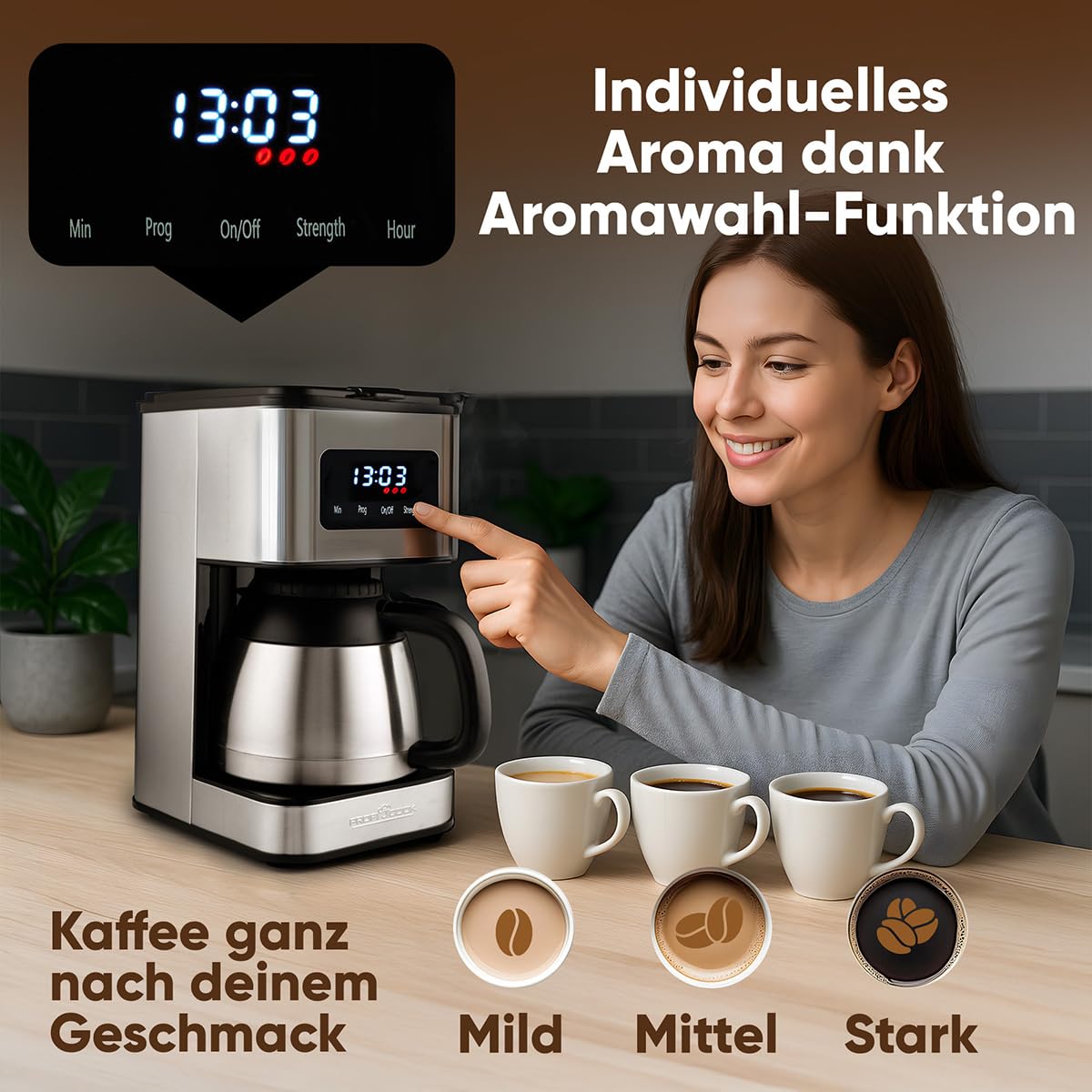 ProfiCook® Kaffeemaschine mit Thermoskanne | für bis zu 10 Tassen Kaffee | Aromawahl | Tropfstopp | mit Uhrzeit-Anzeige | Filterkaffeemaschine Edelstahlgehäuse | 900W | Kaffeemaschine | PC KA 1300