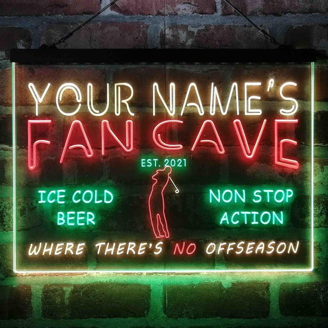 Personalized Golf Fan Cave Tri-Color LED Neon Light Sign Customize Name Date Text Quote Font Green & Red & Yellow 17.7 x 13.6 Inches st9s43-tf1-tm-gry