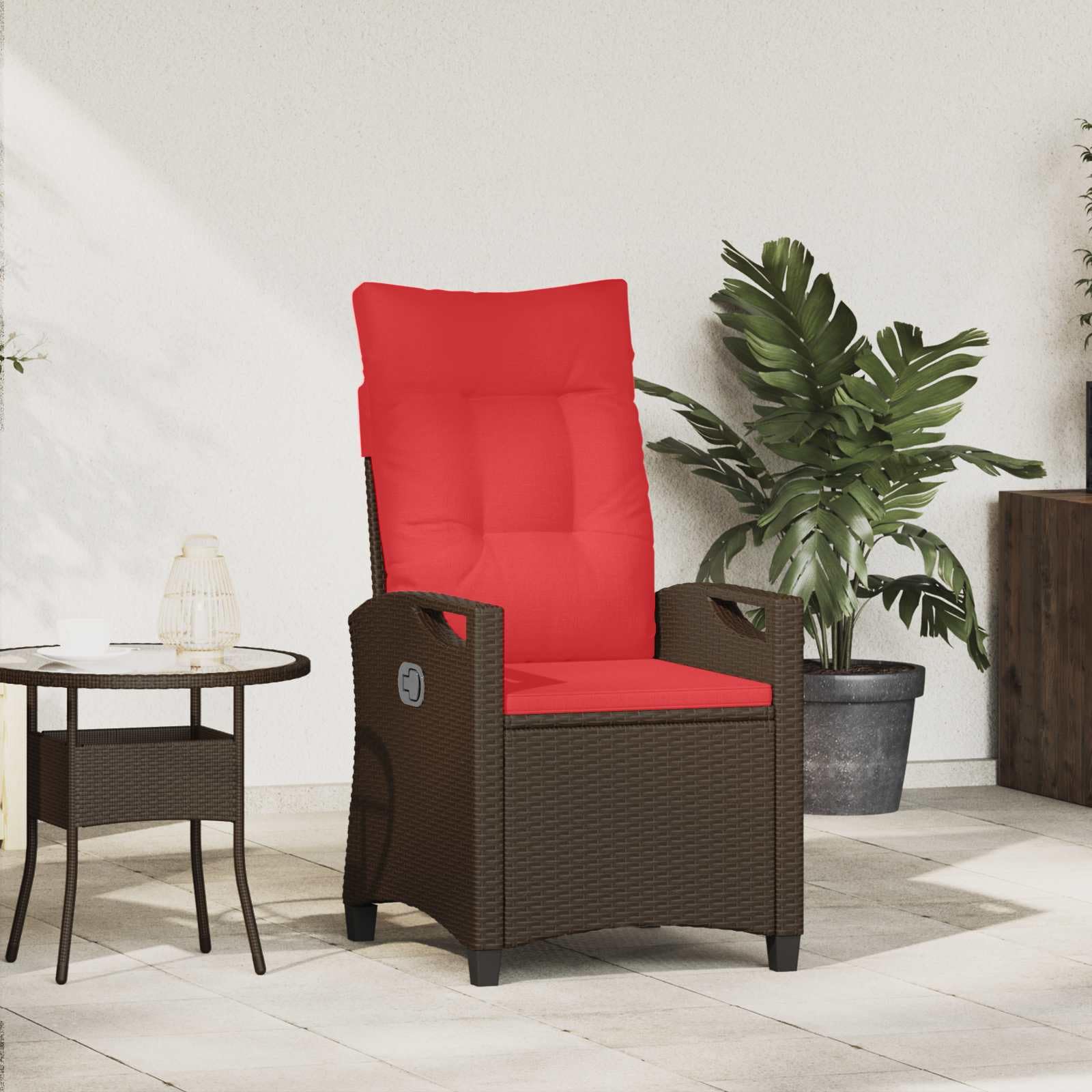 Regulowane krzesło ogrodowe z rozkładanym stolikiem 56x60x112 cm stal rattanowy UV ogród taras składany fotel leżak plażowy maks. 110 kg