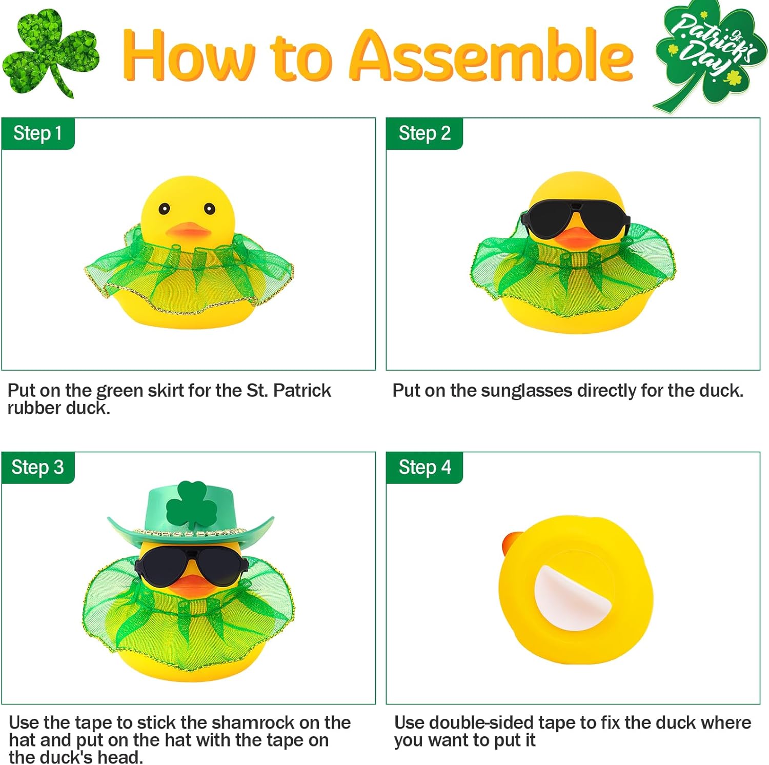wonuu St Patrick's Day Rubber Duck, Green Shamrock Lucky Rubber Ducks with Skirt for Duck Party Favors Dashboard Decoration Car Ornament, Black Sunglasses Diamond Cowboy Hat Gold Hem Dress