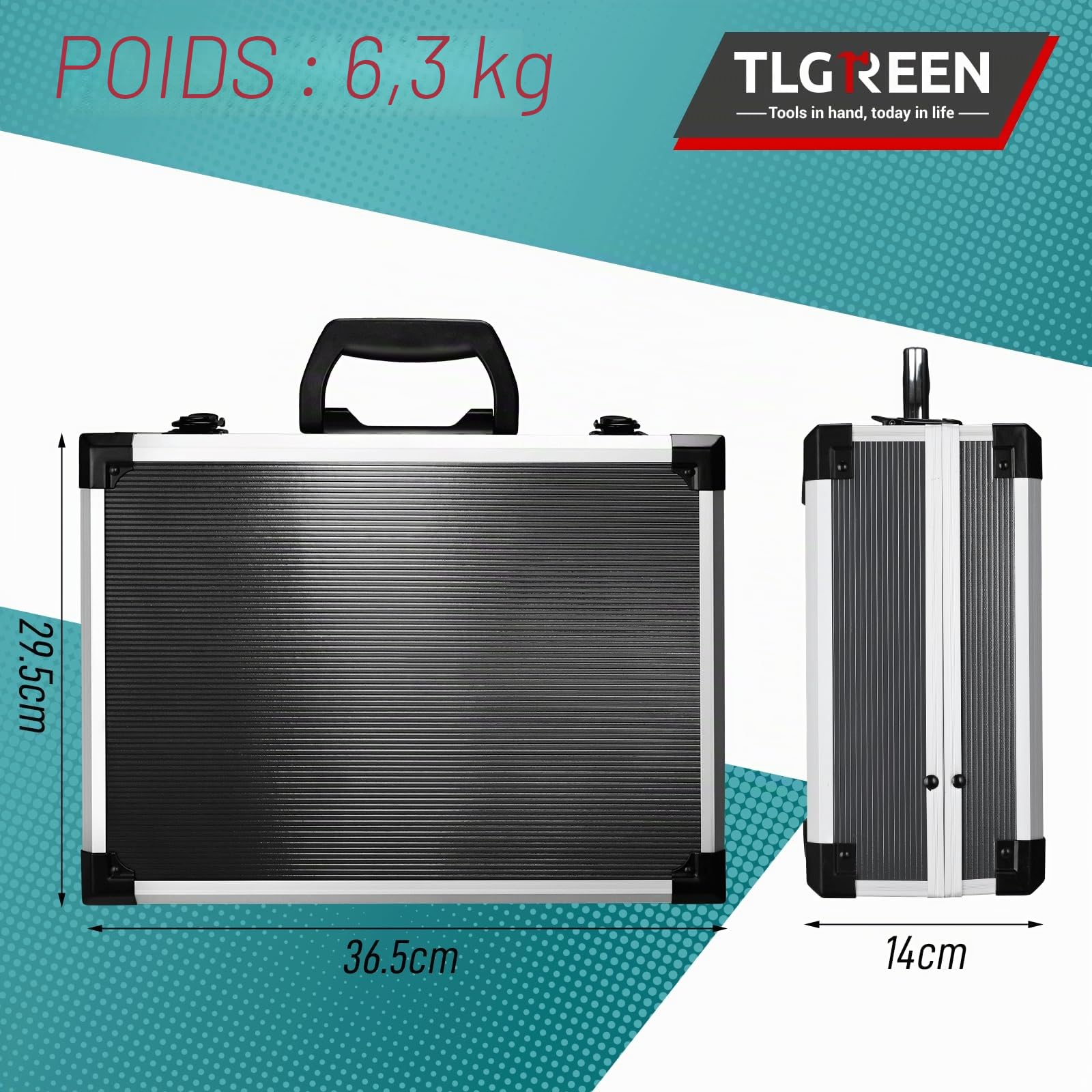 TLGREEN Mallette à outils en aluminium remplie de 107 pièces - Mallette à outils avec clé à douille, tournevis, etc. - Pour bricolage, artisanat, maison, atelier