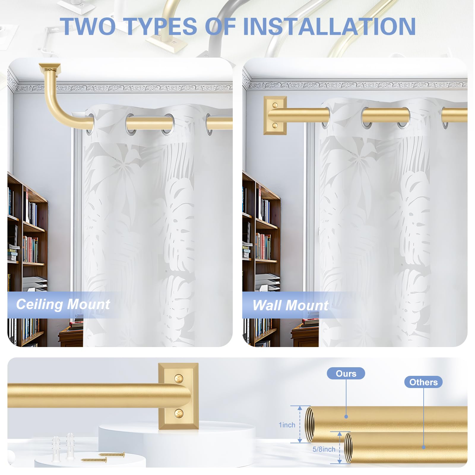 TANGWIN Gold Wrap Around Curtain Rods 2 Pack:Blackout Heavy Duty Adjustable Window Curtain Rod Room Darkening,Modern Industrial Curved French Return Metal Drapery Rods Easy Install,Brass Gold 48-90" - Image 4