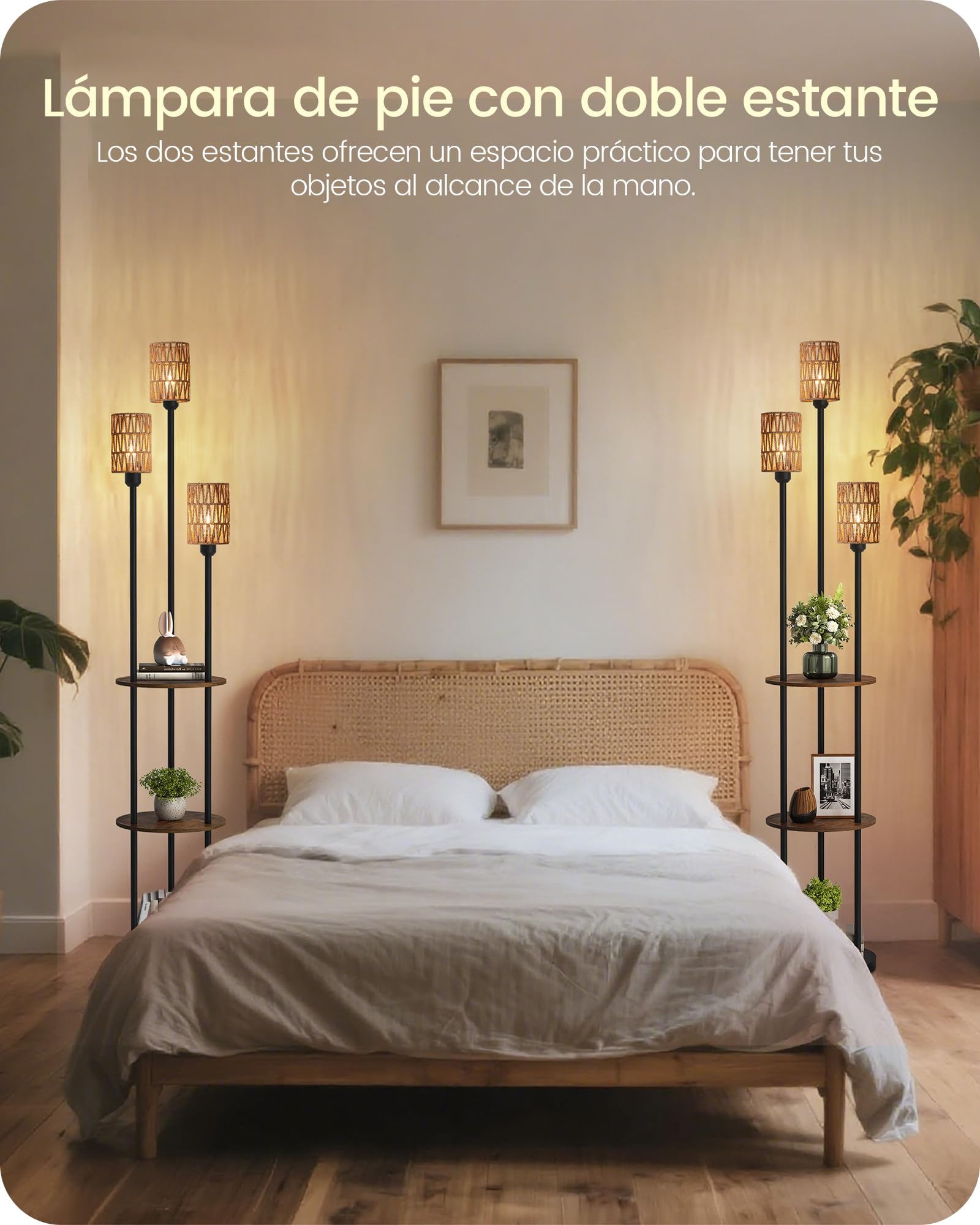Lámpara de Pie con Estante, Estilo Bohemio, con 3 Pantallas de Imitación Ratán y 1 Interruptor de Pie, para Sala de Estar, Dormitorio, Oficina, Marrón Rústico y Amarillo