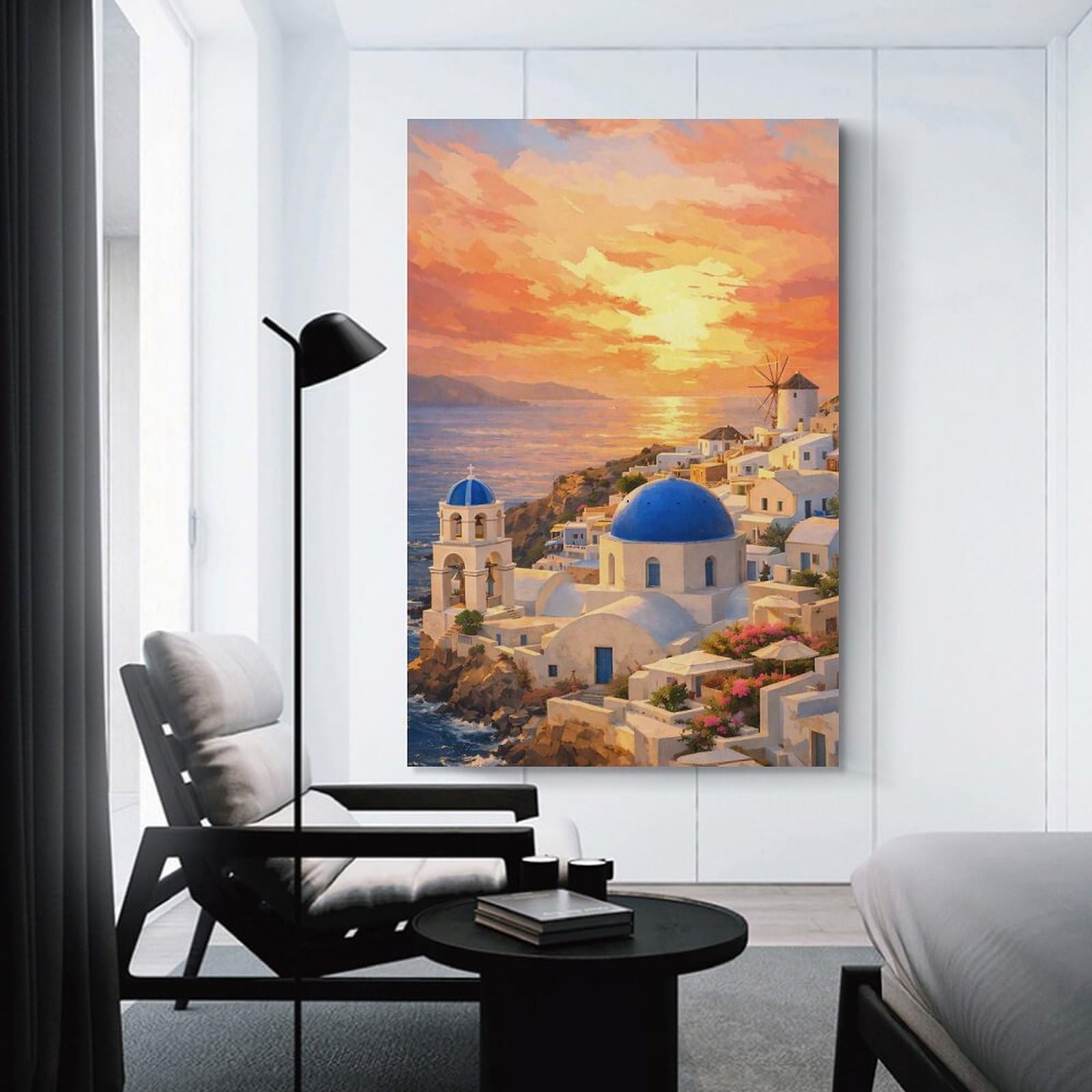Junmoney Santorini Sunset Village Painting Decorative Wall Artwork 24x36inch(60x90cm), for Living Room, Lounge Or Sitting Room, A Home Accent with Warm Character
