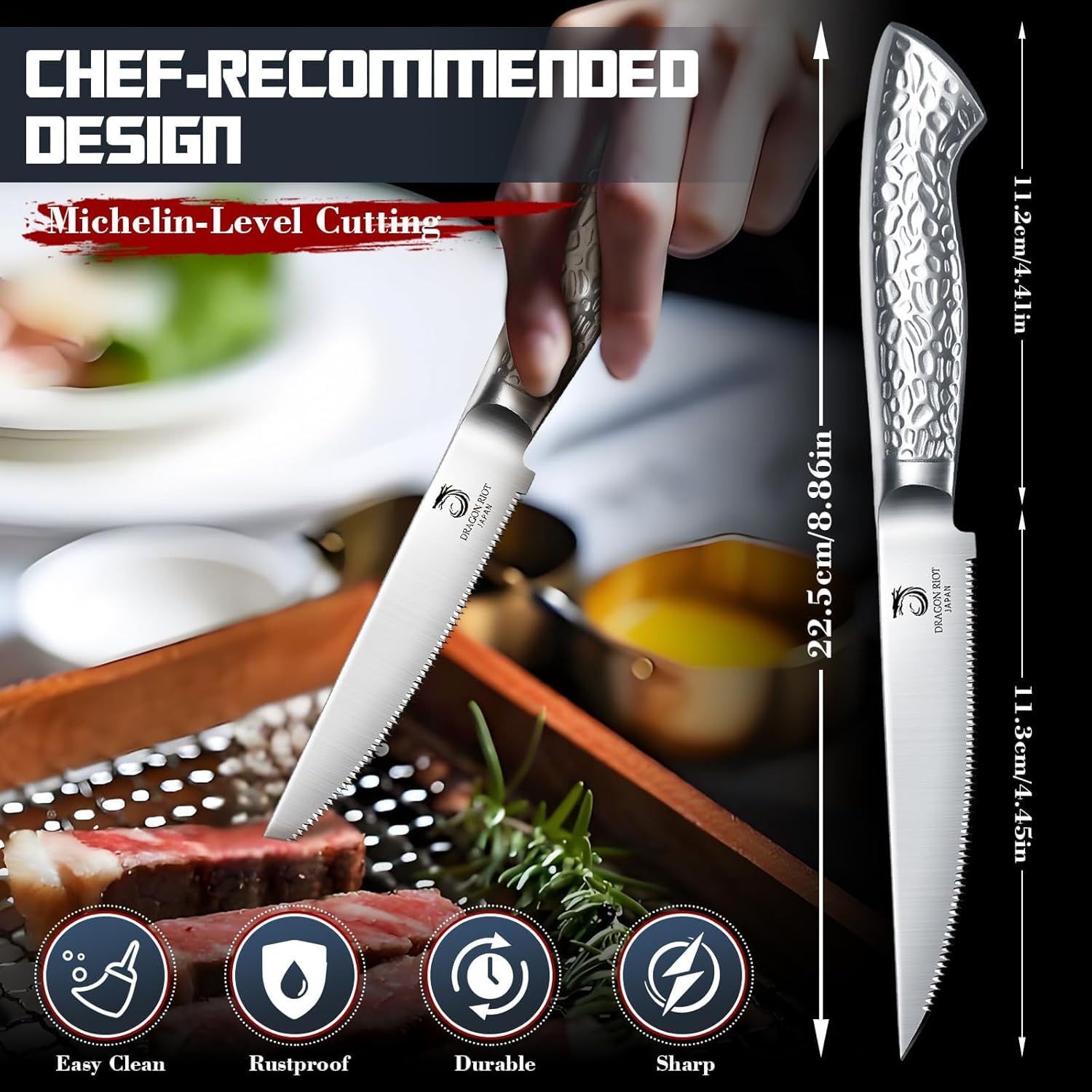 DRAGON RIOT Steak Knives Set of 4 Serrated Edge Steak Knife Set Japanese Stainless Steel Dinner Knife Diswasher Safe Steak Knives with Box