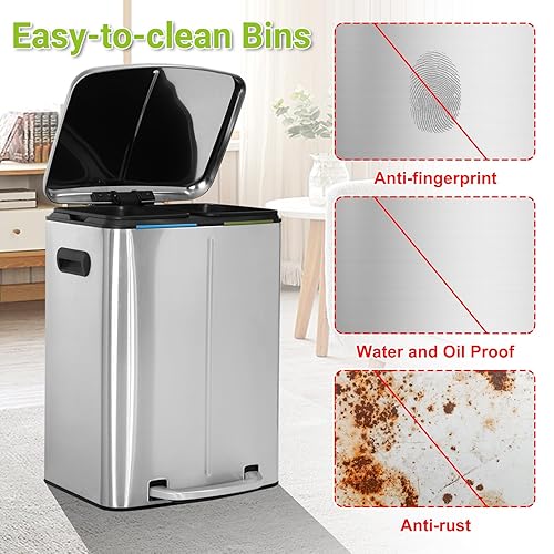 Miniatura 5 de BLKMTY Bote de basura de 10 galones de 45 litros, doble basura, de acero inoxidable, con tapa, cubo interior, contenedor de basura para la oficina