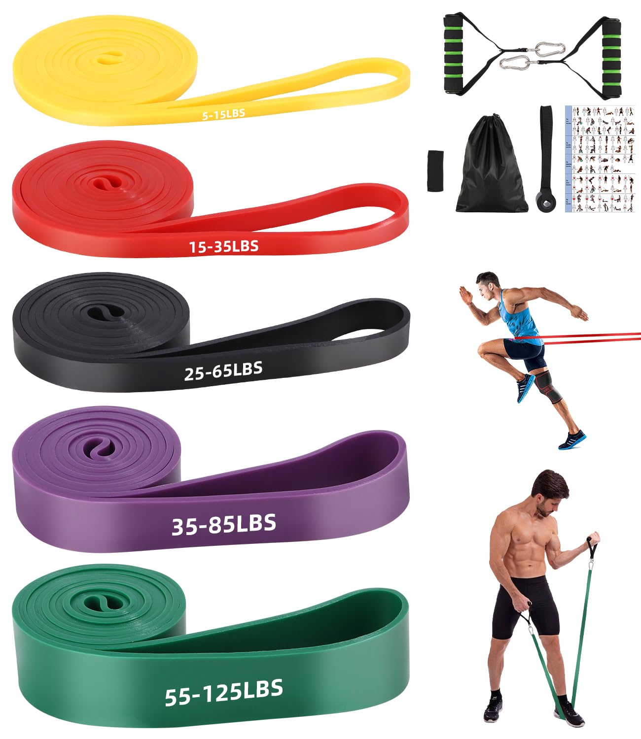 Bandes de fitness avec 5 niveaux, bandes de résistance avec ancrage de porte, bande élastique de fitness avec 5 niveaux de résistance, bande de gymnastique pour musculation, pilates, yoga