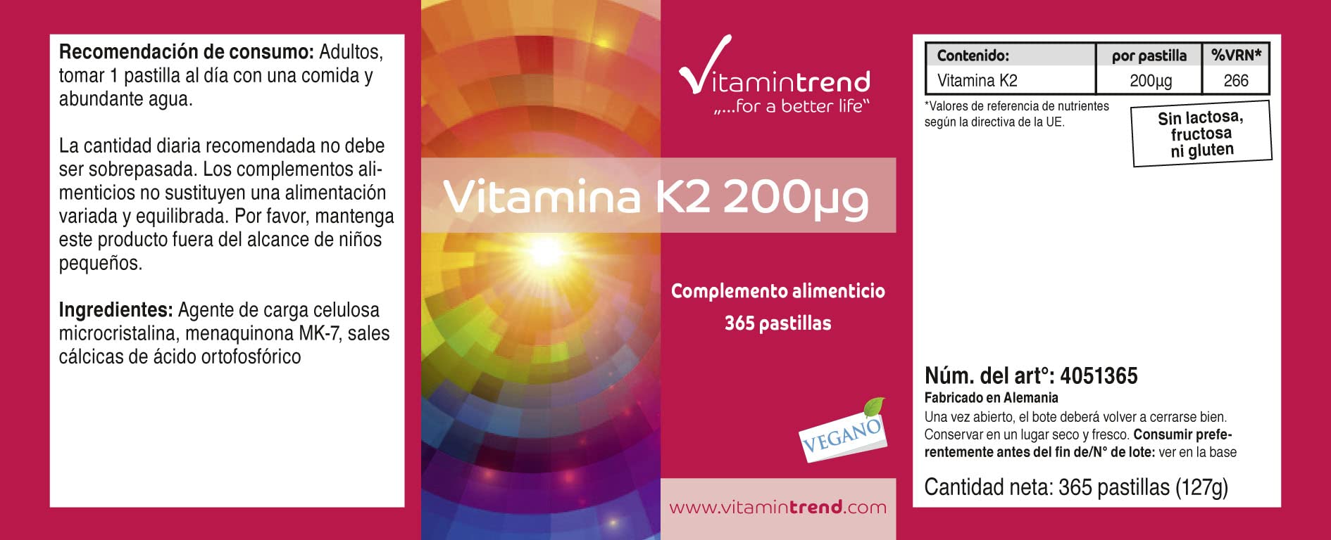 Vitamintrend Vitamine K2 200 µg, 365 comprimés, facile à avaler, complément alimentaire végan sans stéarate de magnésium, fabriqué en Allemagne