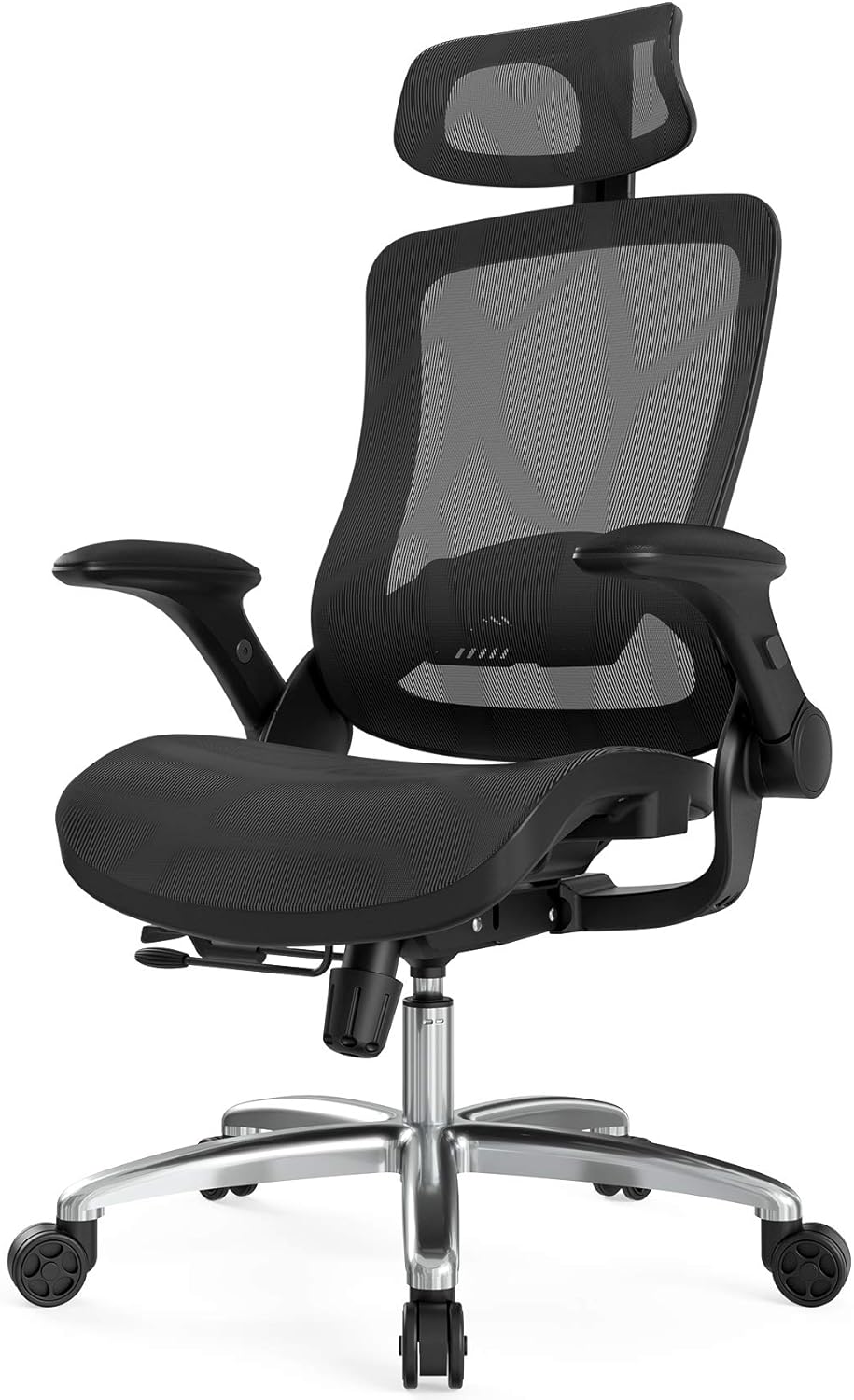 Hbada Ergonomic Office Chair, High-Back Mesh Desk Chair, Height Adjustable Executive Chair with Flip-Up Padded Armrest, Breathable Task Chair with Adjustable Headrest and Lumbar Support, Black.