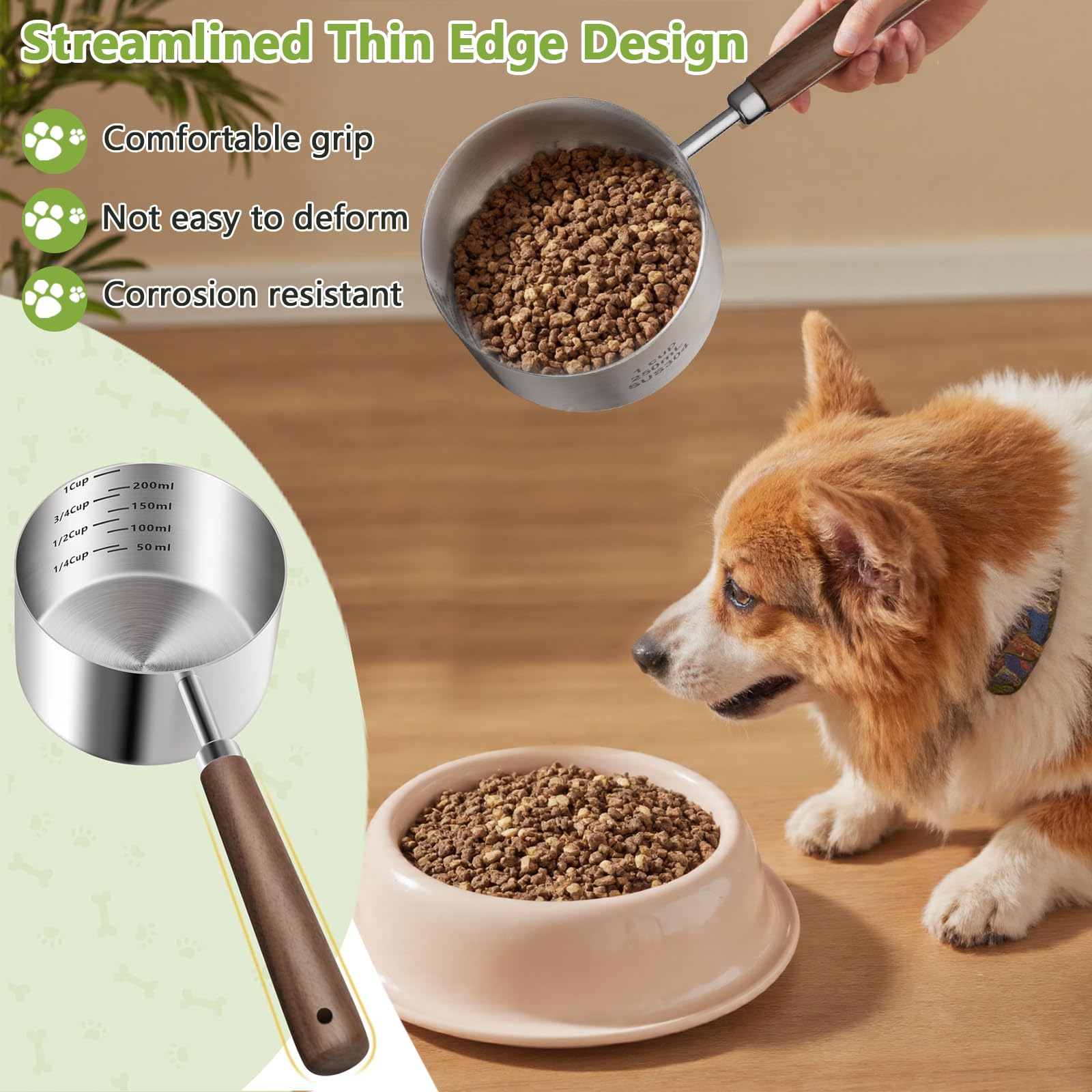 Cuchara de comida para perros y gatos, 1 taza, taza medidora de acero inoxidable 304 con mango largo de madera, cuchara duradera para perros, gatos, conejos, fácil de limpiar con marcas de