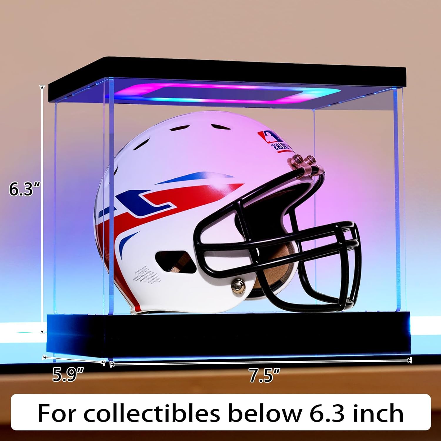 Mini Helmet Display Case with Light, Acrylic Clear 1/2 Football Baseball Helmet Showcase with Multiple Color Lights for Sports Collectibles（7.5×5.9×6.3inch）