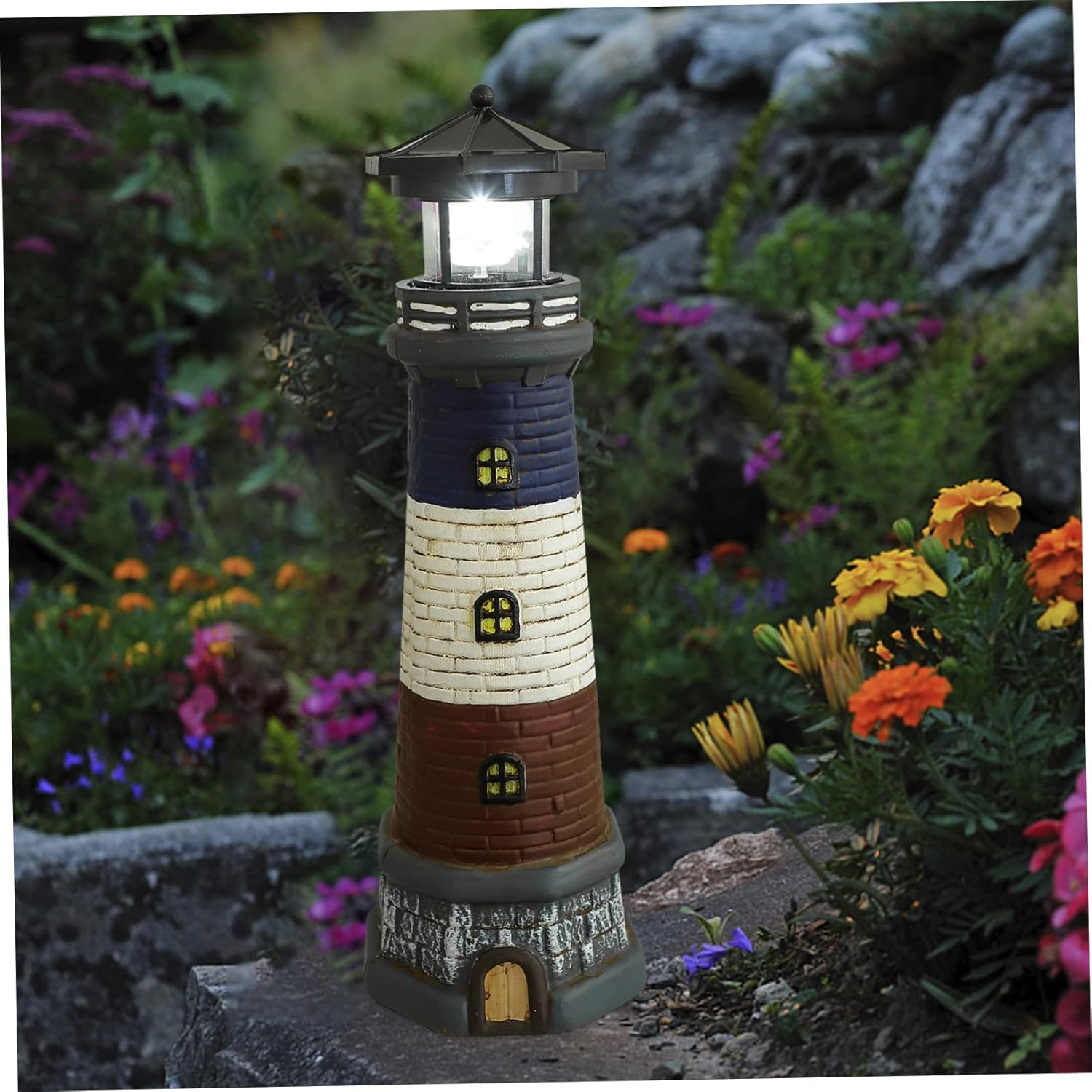 Gadpiparty Garden Lighthouse Decor Resin Figurine Solar-Powered Outdoor Light Night Illumination