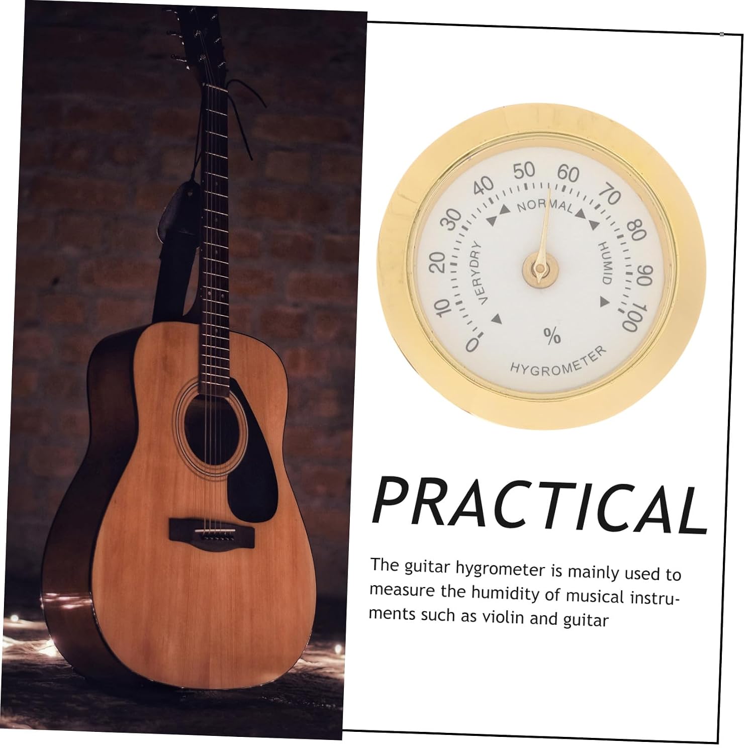 Gadpiparty Round Guitar Hygrometer Alloy Frame Portable Analog Humidity for Violin Acoustic Instrument Care Mini Battery Humidity Gauge for Guitar Case Storage and Protection