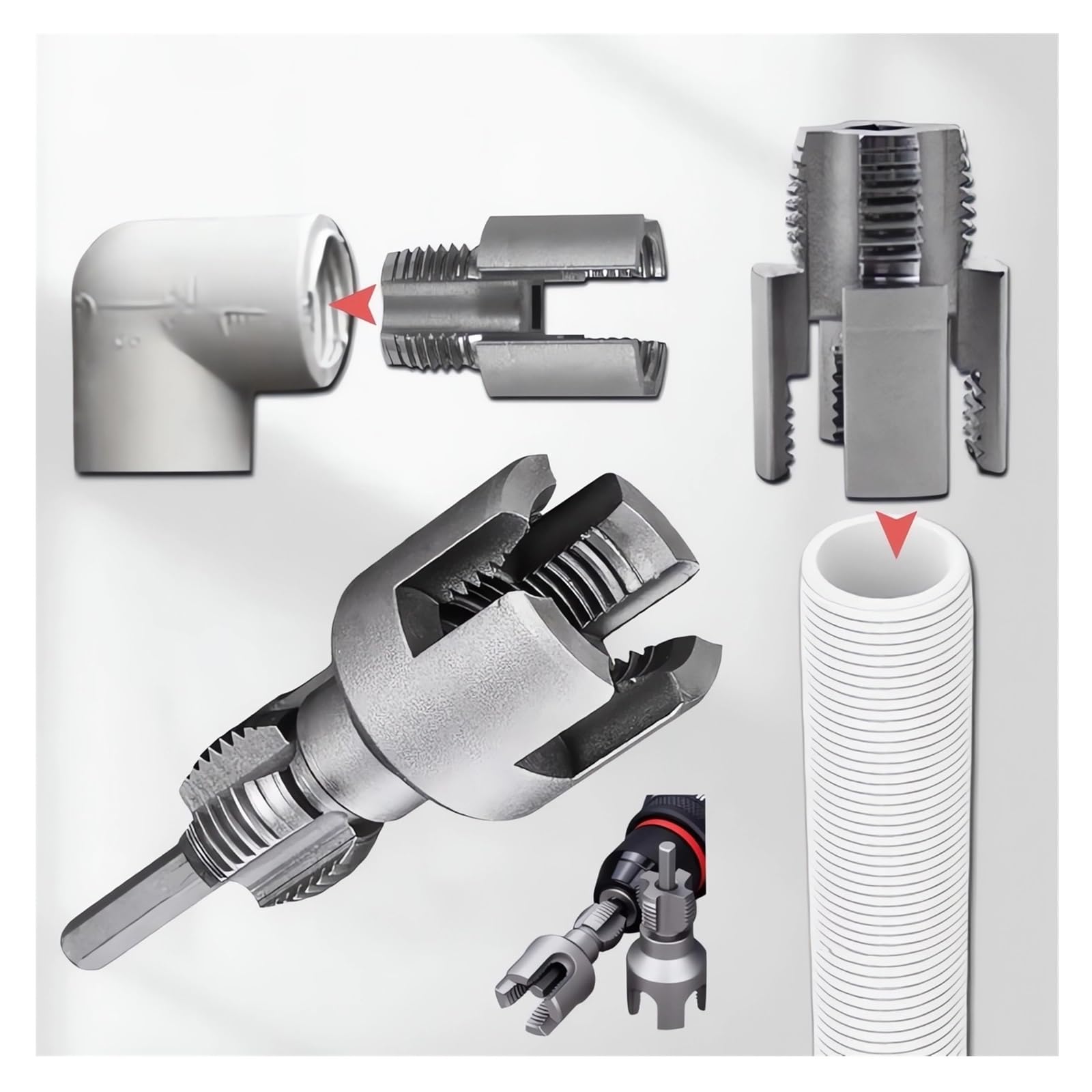 2 in 1 Integrated Internal & External Pipe Threading Tool 1/2 3/4 1 Npt 2025 Front Before PVC Pipe Re Threader Tool Electric Drill Thread Size Maker