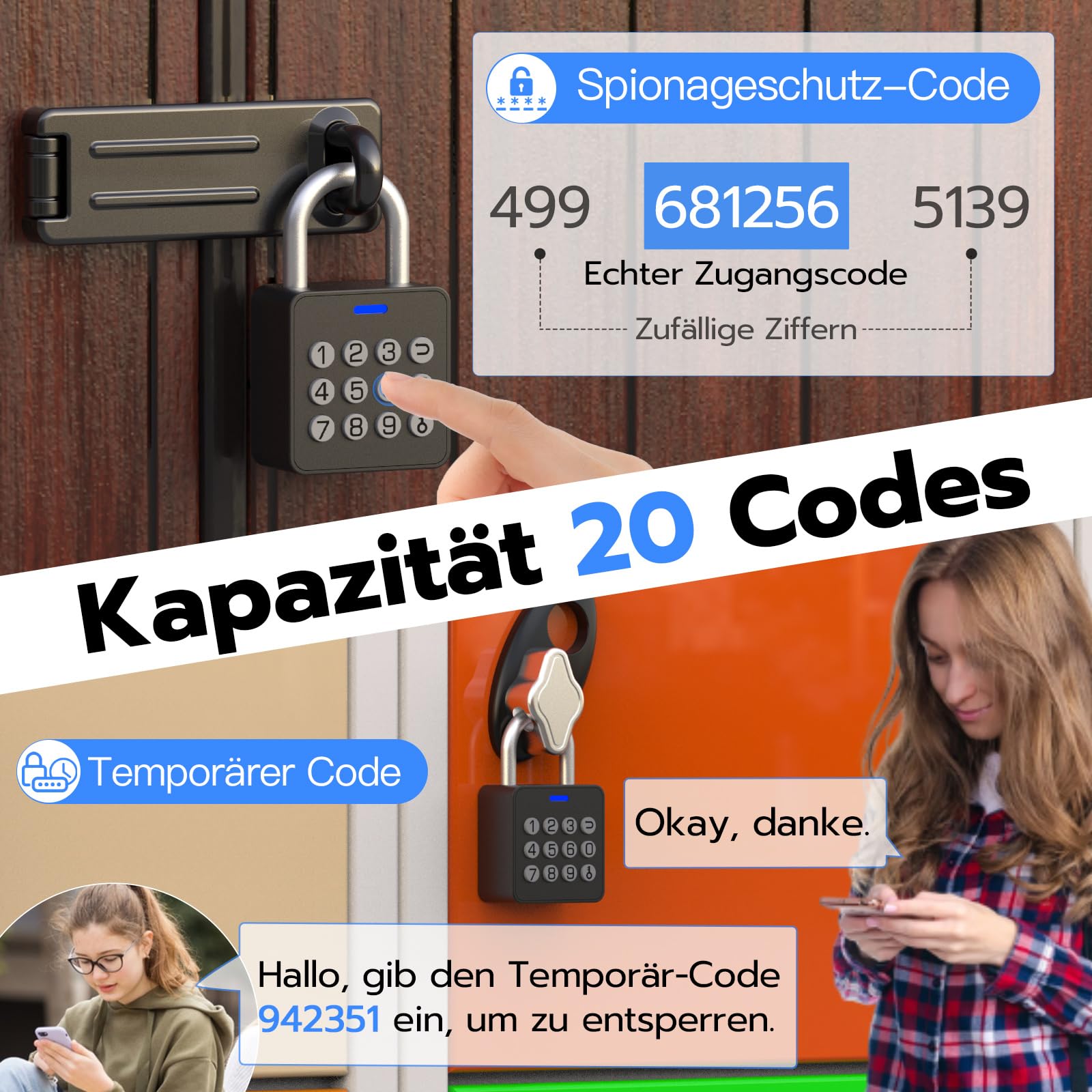 eLinkSmart Lucchetto a combinazione per armadietto da palestra con pulsante a 9 cifre, password e impronte digitali, app di sblocco senza chiave, lucchetto biometrico in metallo per armadietti per