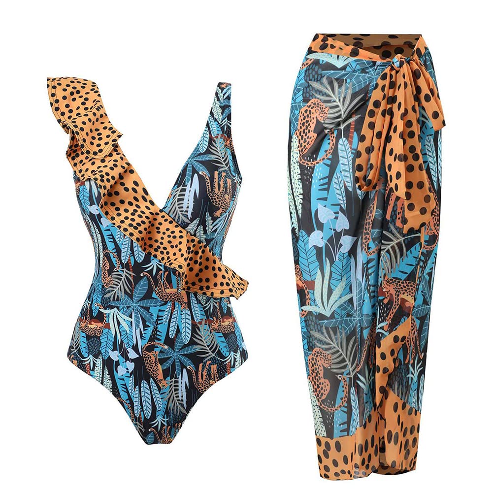 Costume da Bagno Donna 1 Pezzi Costumi da Bagno Interi Imbottiti +1 Pezzi Pareo Mare Sarong Copricostume Gonna Scollo a V Costumi Interi Donna One Piece Bikini Monokini con Stampa Vintage