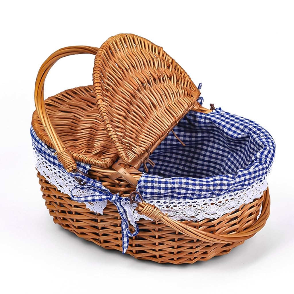 Cestino da picnic in vimini con coperchio pieghevole e manico, cestino da picnic di grande capacità per vacanze al mare, robusto corpo in tessuto con fodera lavabile per Pasqua, festa della