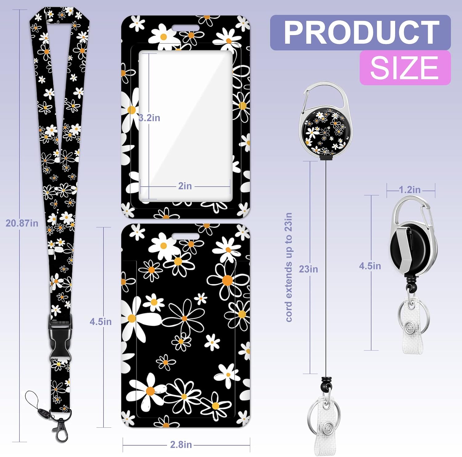 ID Badge Holder with Lanyard and Retractable Badge Reel Clip, Wild Flowers Floral Blossoms Card Name Tag Lanyard Vertical ID Protector Bage Clips for Nurse Nursing Doctor Teacher Student Black