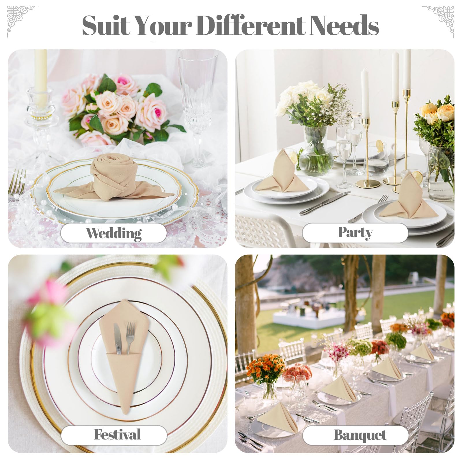 PLOYMONO Servilletas de poliéster Resistentes de Color Beige, 43 x 43 cm, servilletas de Tela Lavable sólida, Juego de 8 servilletas con Bordes con Dobladillo, Ideales para Bodas, Fiestas, Banquetes