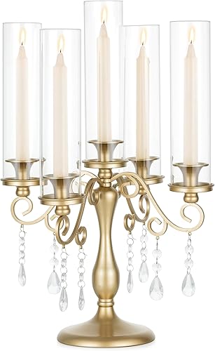Sziqiqi Candelabro dorado Candelabro 5 brazos vintage Candelabros de mesa de boda para mesa - Candelabros Candelabros con cristal de huracán para
