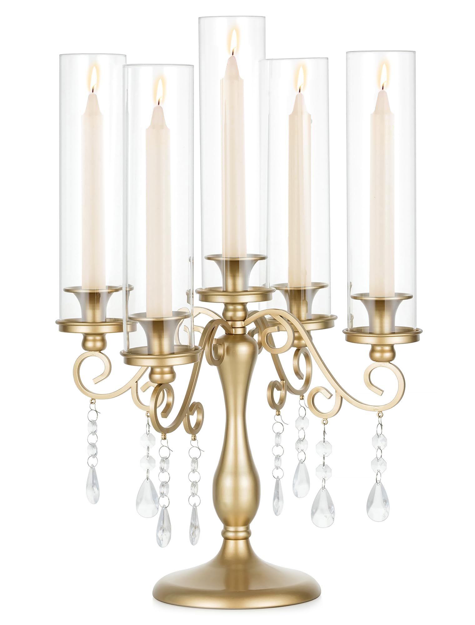 Sziqiqi Bougeoirs Candélabres Chandelier Or: Chandelier 5 Branches pour Centre de Table de Mariage - Candélabres Vintage avec Verre en Forme D'ouragan pour Dîner en Plein air Fête de Noël Anniversaire
