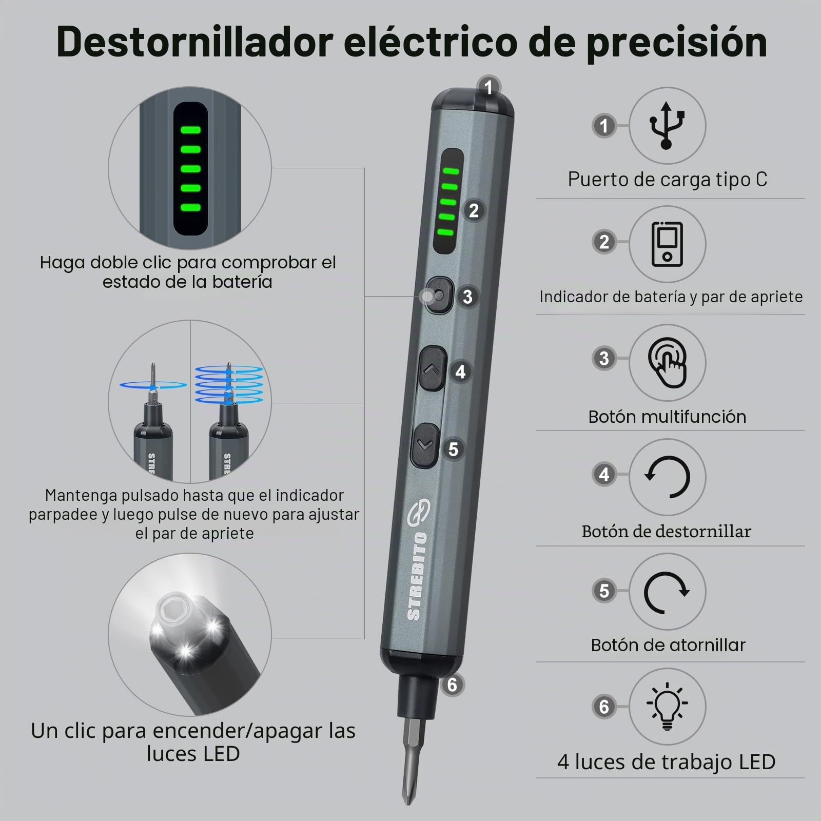 STREBITO - Juego de mini destornilladores eléctricos, 70 en 1, pequeño destornillador eléctrico inalámbrico, 64 puntas de preición S2, 5 ajustes de par, 4 luces LED, mini destornillador eléctrico kit
