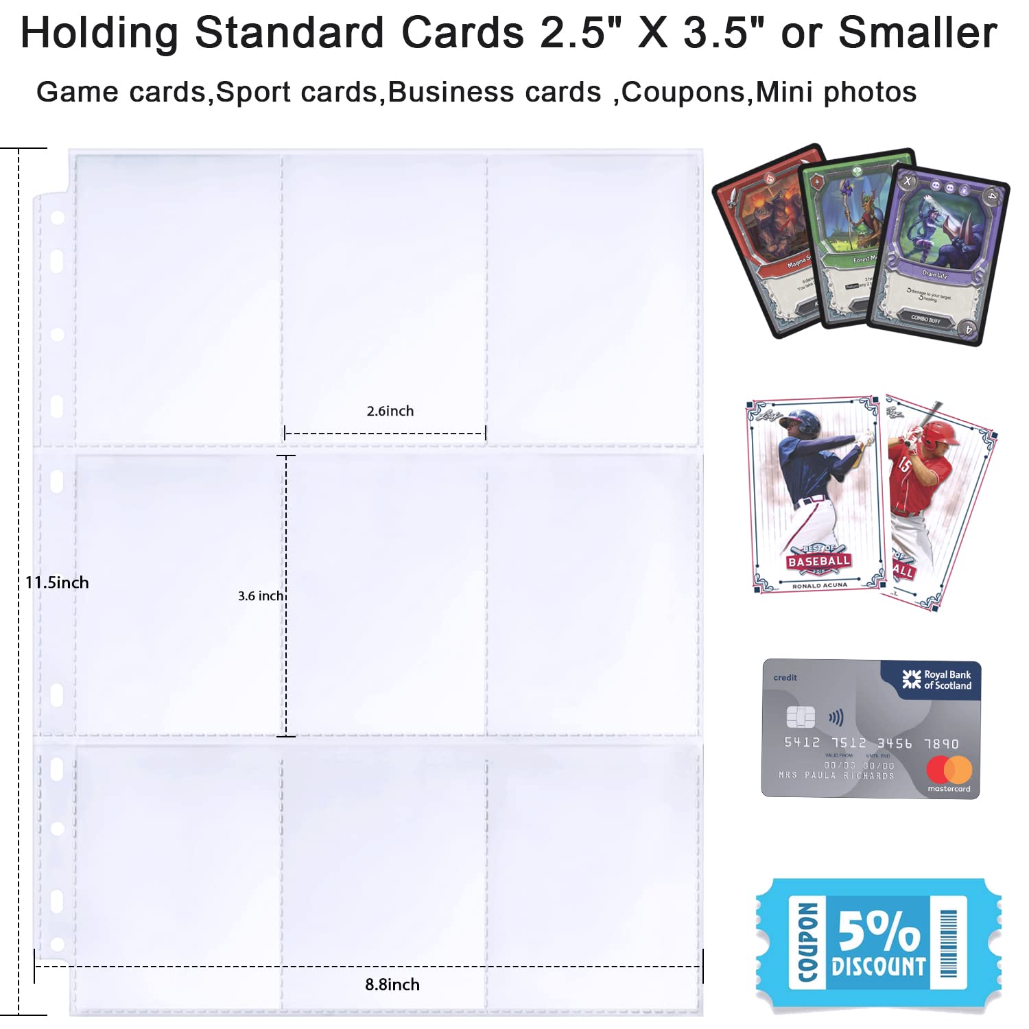 540 Buste per Carte da Collezione, Doppio Lato 9 Sacchetti, Fogli di Carte Ultra Trasparenti 11 Fori per Raccoglitore ad Anelli 2/3/4, Buste per Carte da Gioco, Carte di Calcio