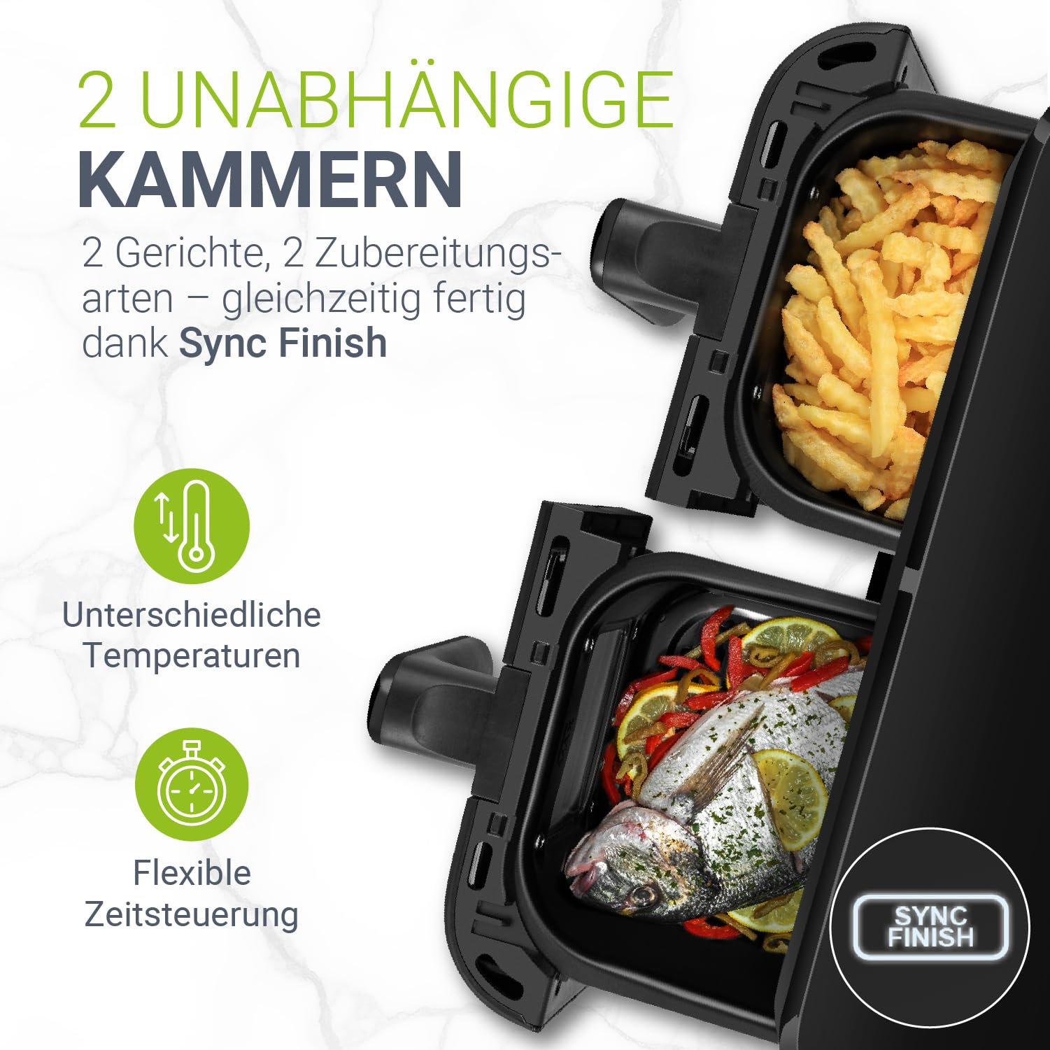 Juskys® Airfryer 9 L Doppelkammer - Heißluftfritteuse 2 Kammern, 9 Programme, beschichtet, XXL Fritteuse