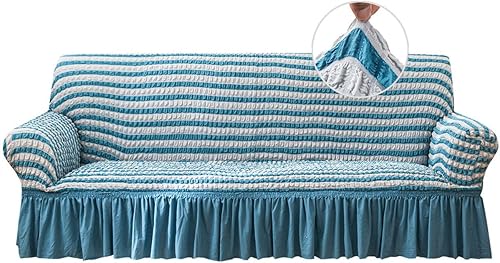 Funda elástica para sofá, funda protectora de muebles lavable, con parte inferior elástica y falda para niños y mascotas (azul a rayas, extragrande)