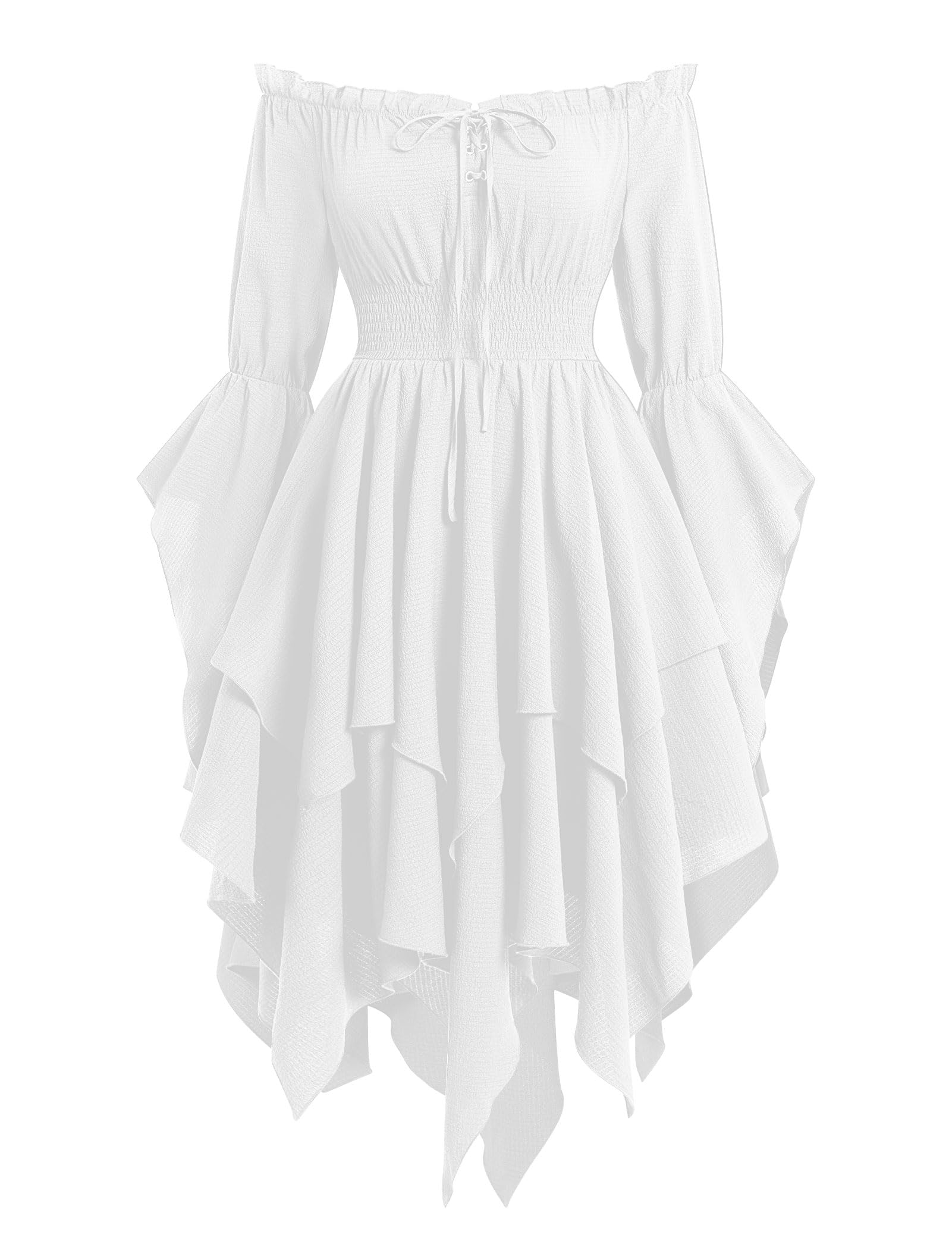 EFOGEP Womens Medieval Renaissance Dress Long Bell Sleeve Off Shoulder Asymmetry Hem Vintage Victorian Gothic Dresses for Costume Parties Festival Casual White XXL