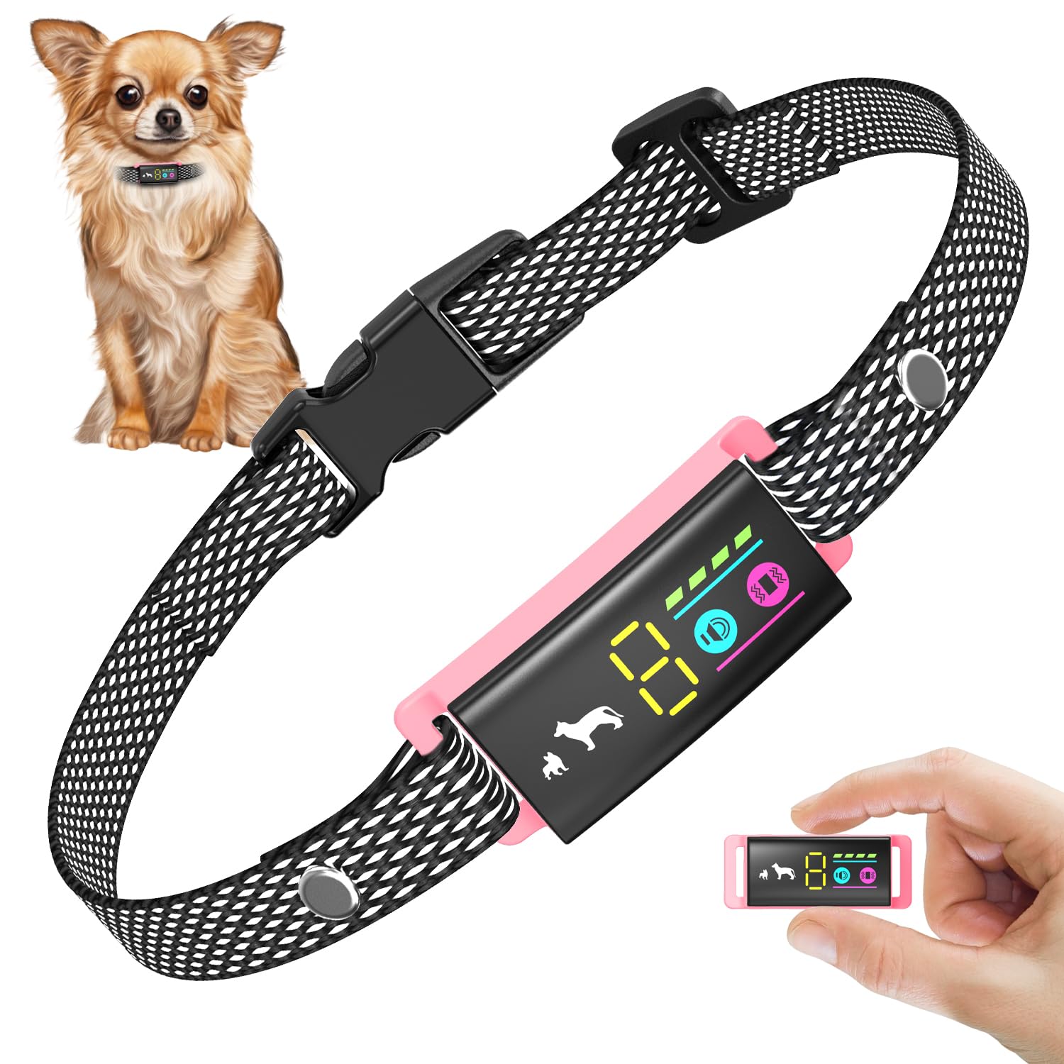 Anti-Bark Collar for Small Dogs, No Shock Bark Collar with Beep & Vibration, 1-5 Sensitivities Adjustable, Rechargeable Barking Collar, IP67 Waterproof - Humane Bark Collars, Rose Pink
