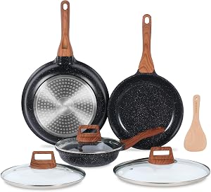 ESLITE LIFE Nonstick Ceramic Frying Pans Skillets Set with Lids, Non-Toxic Egg Omelette Kitchen Cooking Pans Compatible with All Stovetops (Gas, Electric & Induction), PTFE & PFOA Free, Black, 7-Piece