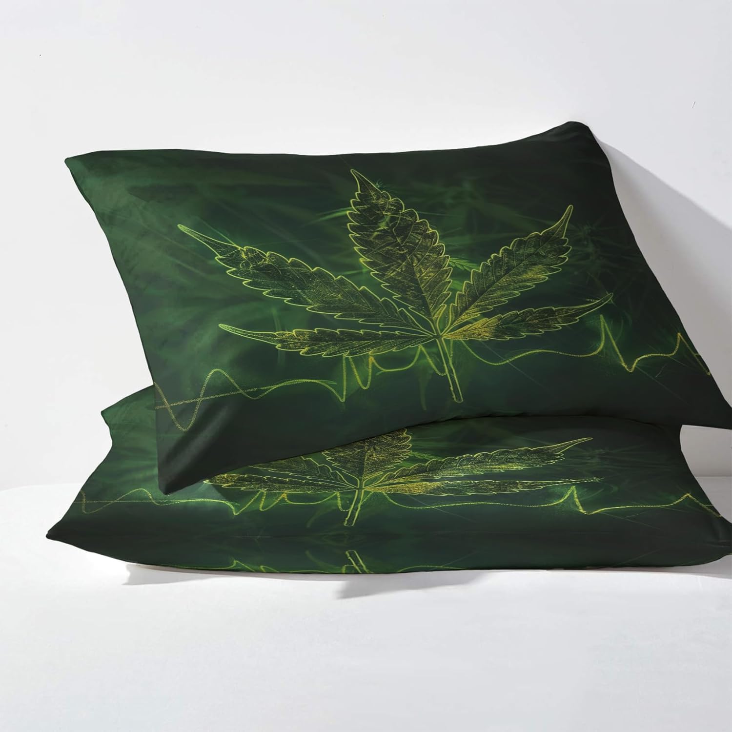 Green Marijuana Leaf Pillow Cases Queen Size Set of 2, Weed Psychedelic Pillowcase & Home Decor, Trippy Marijuana Pillow Covers 20x30, Decorative Pillow Shams with Zipper, Soft Breathable